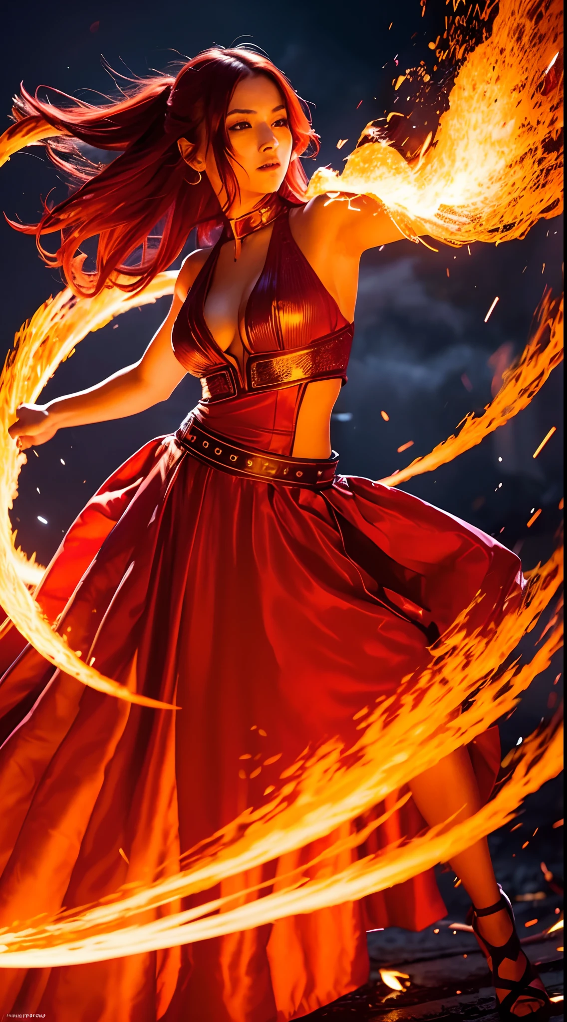 a girl playing with fire, intense flames, glowing embers, swirling smoke, mesmerizing movements, flowing red hair, sparks flying, fearless expression, dark background, intense lighting, fiery atmosphere, dynamic poses, dangerous beauty, captivating energy, burning passion, thrilling suspense, intense heat, scorching flames, dramatic contrast, smoky veil, fiery glow, enchanting dance, powerful presence, flickering shadows, fiery artwork, vibrant colors, blazing inferno, hypnotic flames, daring adventure, fiery glow in her eyes, heat waves, glowing embers falling, electrifying performance, fiery sparks in the night, adrenaline rush, radiant warmth, breathtaking spectacle, raw intensity, fiery passion unleashed.