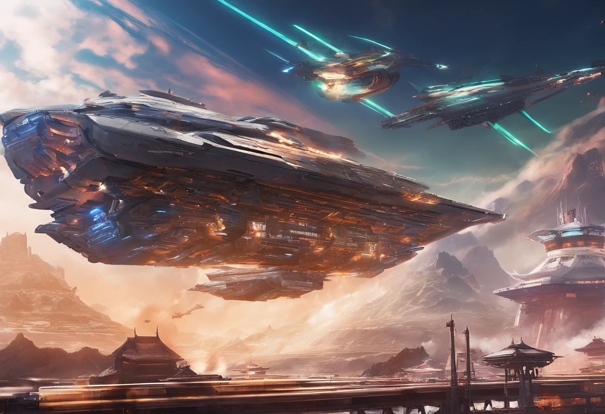 Master made,Grandiose spectacle,(Chinese characteristics),Flying aviation warship of the Greatsword,((Majesty,Domineering)),opening fire,Full fire,Bomb indiscriminately,Bombing Japan,background in war,Highest image quality,complexdetails,Extreme resolution,Dynamic obfuscation