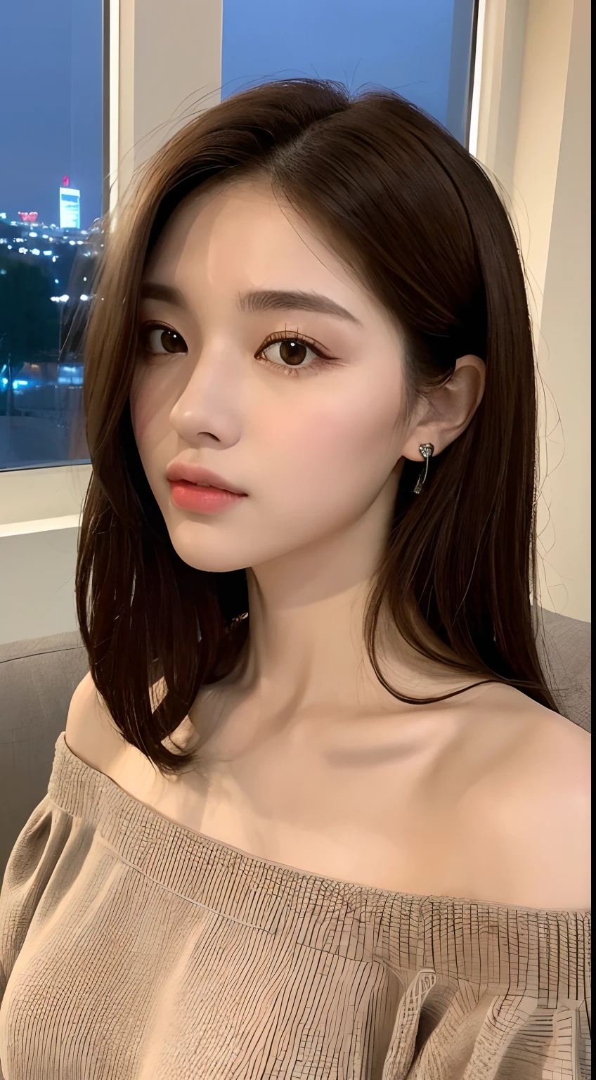 ((Night view, realistic light, best quality, 8k, masterpiece: 1.3)), 1girl, pretty woman with slim figure: 1.4, (brown hair, medium breasts: 1.3), off-the-shoulder cut top: 1.3, sofa, super detailed face, detailed eyes, double eyelids