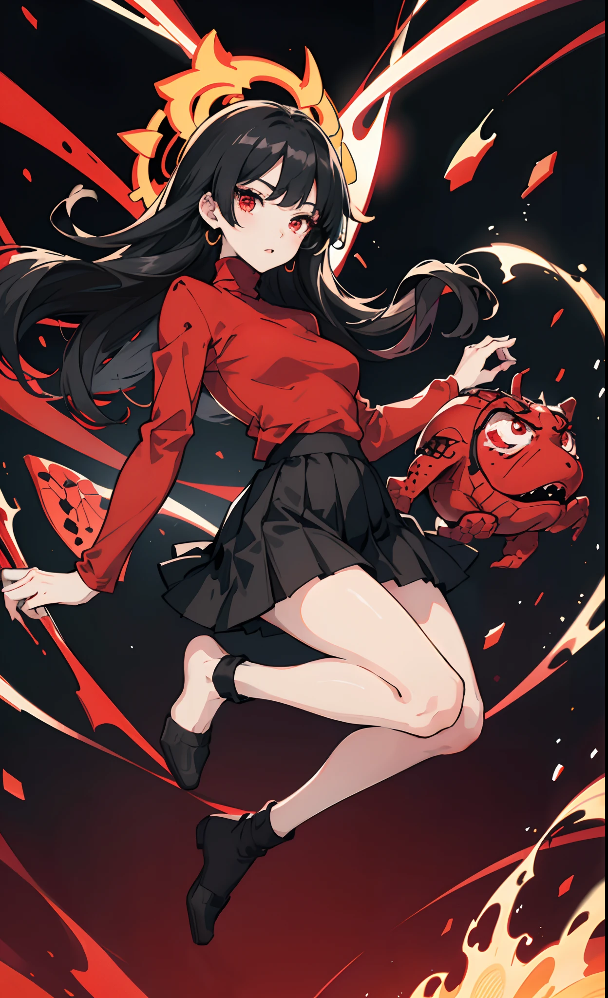 Girl with red eyes in anime style with bangs black hair wearing a black skirt and a red turtleneck in jumping pose