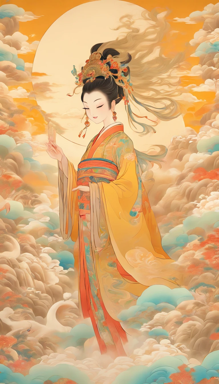 Wall paintings，Ultra-high sharpness，themoon，Grandiose scenes，Colorful colorful，Bright colors，A beautiful woman wearing a yellow silk hanfu and a golden round headdress，The facial features are delicate and beautiful，Riding on the white deer，White deer feet step on colorful clouds，Dunhuang murals，