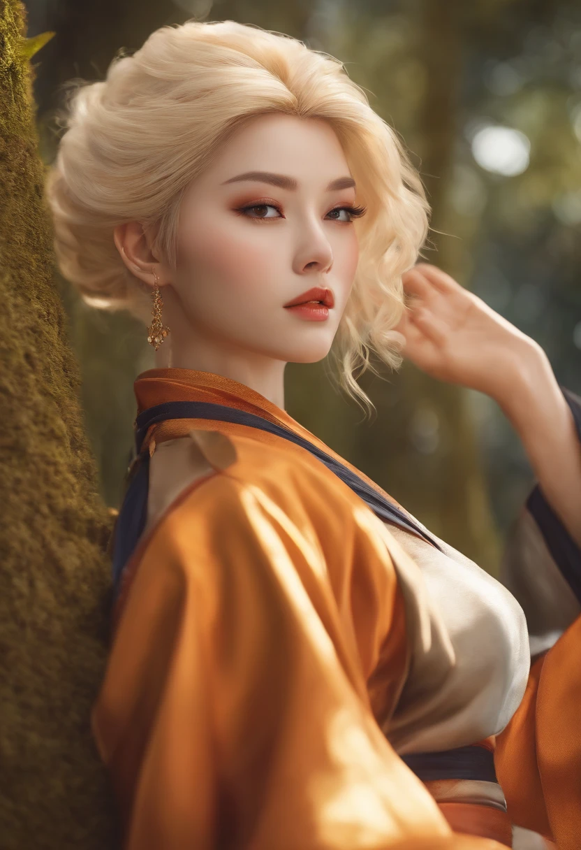 (Highly detailed bold face), (PureErosFace), (plump body shape), (very curvy), plus, (photoshoot), pores, real skin, hair band, flying hair, (gray hair), ancient headdress , hairpin, teasing , cynical look, affectionate eyes, shining eyes, beautiful scenery, yellow kimono robe, short blue jeans, Japanese wooden shoes, holding an umbrella gracefully, shadows, backlight, soft natural volumetric cinematic perfect light, film grain, zskuijia, sword, Chinese architecture, grassland, trees, sexy, stands a very clear pool.