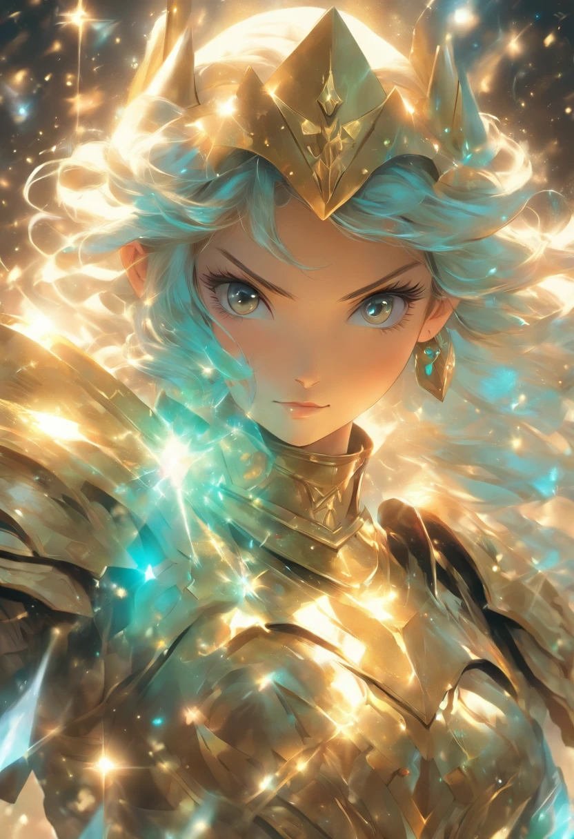 a girl in armor holding crystals and a shield, in the style of the stars art group (xing xing), light gold and cyan, realistic hyper-detail, chinapunk, serene faces, animated energy, wizardcore