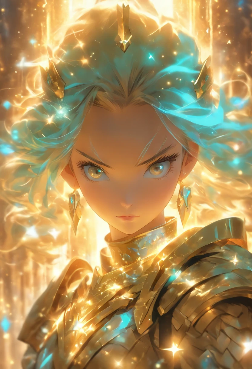 a girl in armor holding crystals and a shield, in the style of the stars art group (xing xing), light gold and cyan, realistic hyper-detail, chinapunk, serene faces, animated energy, wizardcore