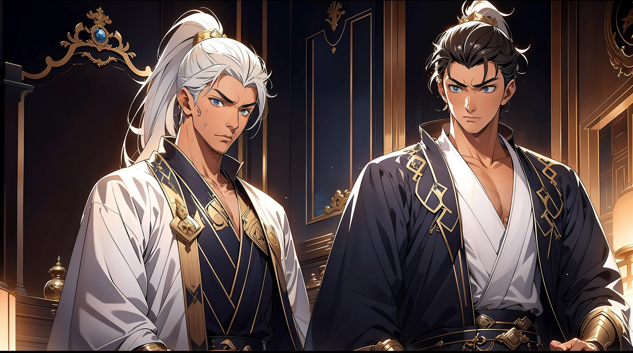 quadratic element,style of anime,mtu(Male Warrior),The proportions are correct,Face details,swordsmen,High ponytail hairstyle,Neck details,There is an Adam's apple,White robe,kaftan,long white robe,clothes details,Handing over,longer sleeves,Game quality,Swordsmanship,Light and shadow tracking,Ray traching,detailed glow,cg render,hair detail,cabelos preto e longos,blue colored eyes,Handsome,Handsome,(juvenile sense),Clothing is complicated,Perfectcomposition,Refinement,high qulity,higher details,Lots of details,The background is complex,a sense of atmosphere,