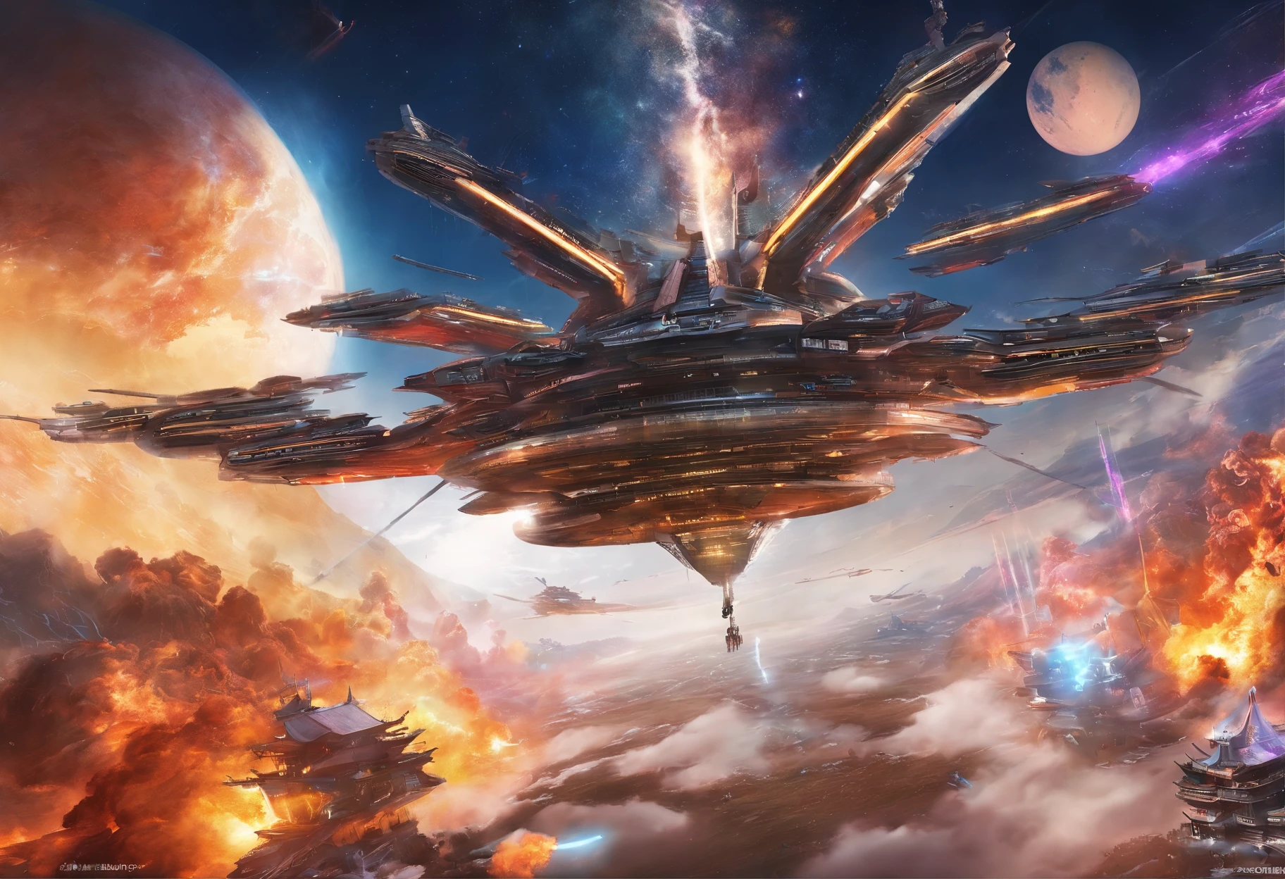 Master made,Grandiose spectacle,(Chinese characteristics),Flying aviation warship of the Greatsword,((Majesty,Domineering)),opening fire,Full fire,Bomb indiscriminately,Bombing Japan,background in war,Highest image quality,complexdetails,Extreme resolution,Dynamic obfuscation