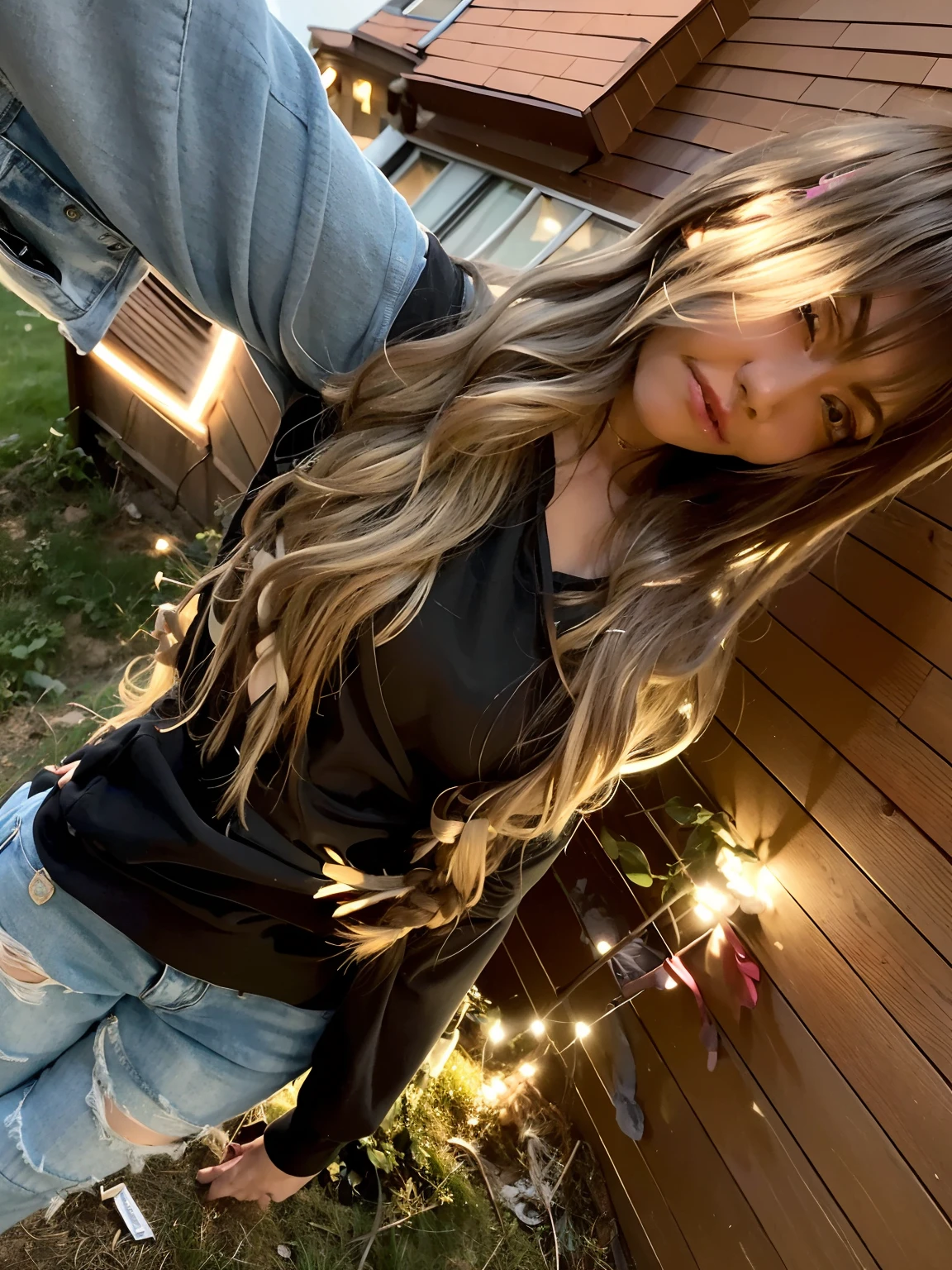 arafed woman with long hair and ripped jeans standing in front of a house, with long hair, long brunette hair, brunette with dyed blonde hair, long brown hair, long dark hair, with long dark hair, long flowing brown hair, dark long hair, long flowy hair, wearing jeans and a black hoodie, long hair , full color, dark brown long hair