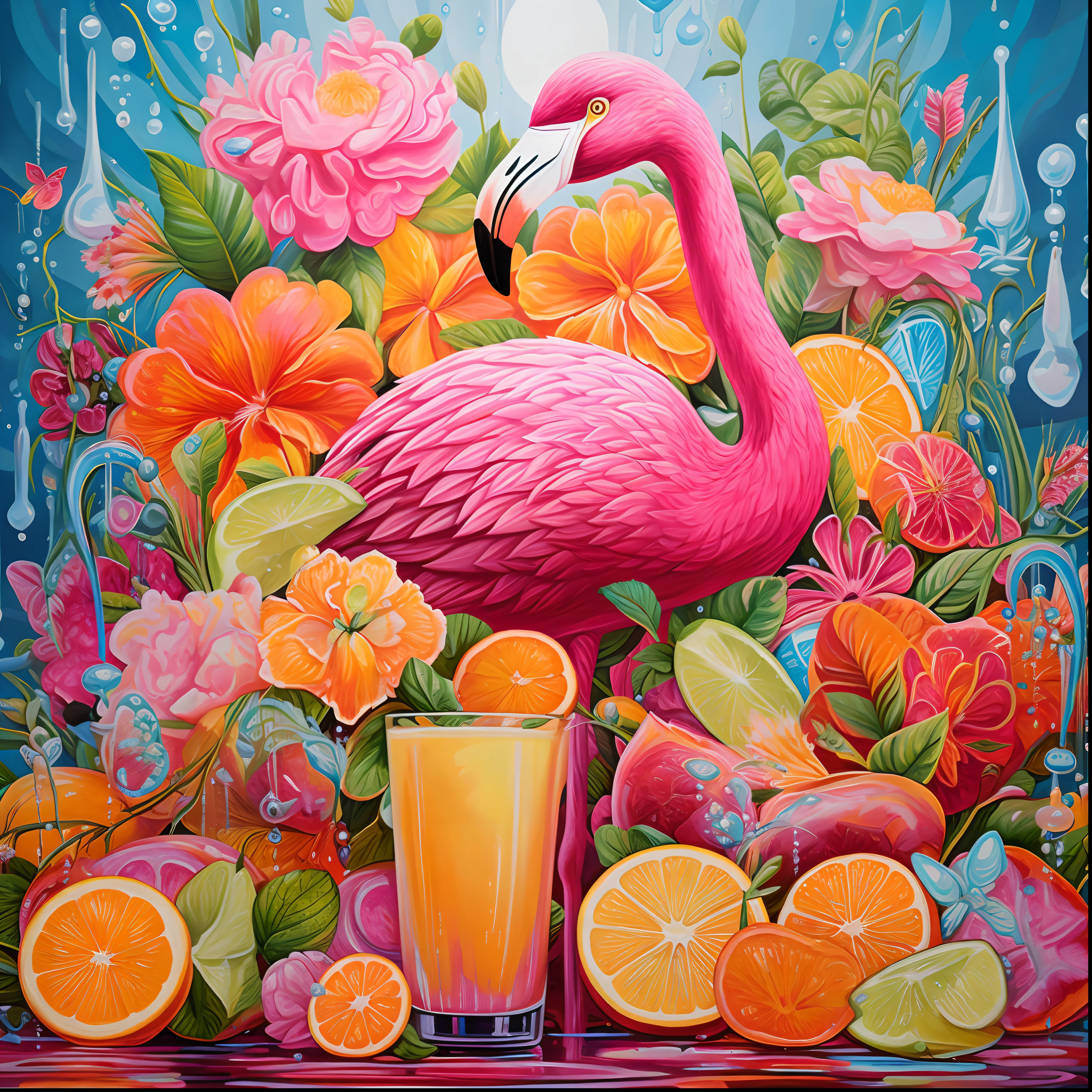 painting of a flamingo standing in front of a glass of orange juice, jen bartel, vibrant colors hyper realism, jim warren, colorful hyperrealism, highly detailed painting, vibrant painting, highly detailed 4 k painting, by Justin Gerard, detailed painting 4 k, high detailed painting, the flamingo cafe, ultra detailed painting, masterpiece work of art, vibrant realistic colors