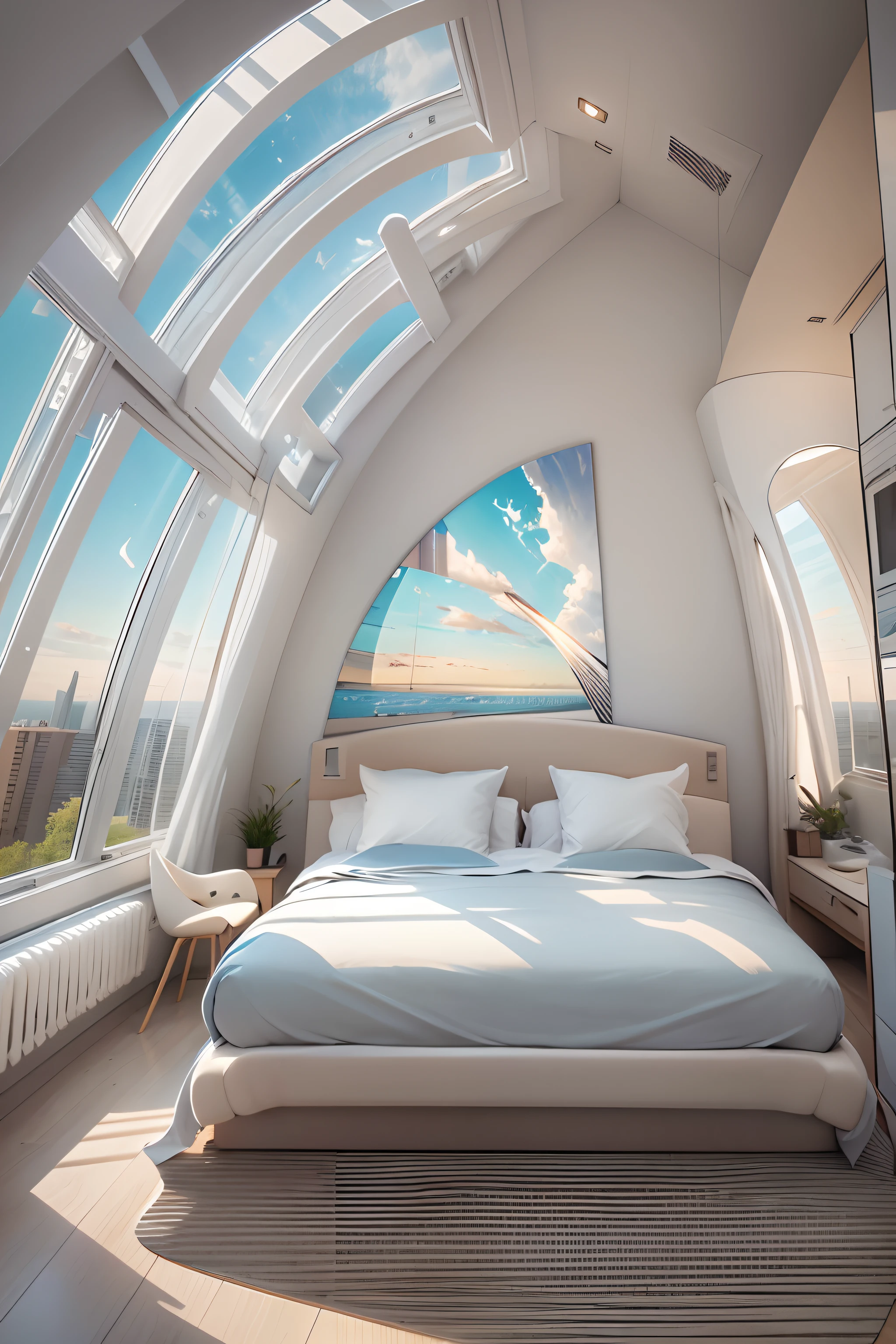 Bedrooms,There is a wall in the middle of the bedroom,The painting on the wall is in the middle, Paintings on the walls, skyscape, Large airy windows, Zaha Hadid and Santiago Calatrava landscape panoramic style, Fish, Clear light, Edge lighting, Perfect image, Building summary style, 16k UE5. superfine, 8K, hdr, Product photography, Depth of field, Nikon D850, Ultra-realistic, no contrast, clean sharp focus, professional, No blurring