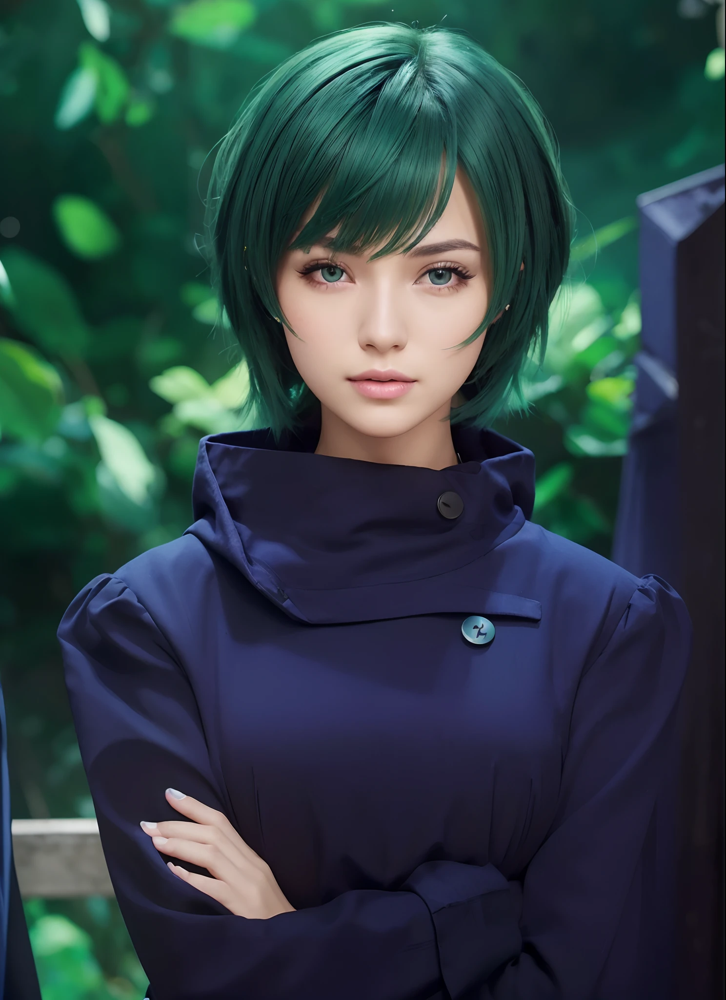 ((masterpiece)), ((best quality)), ((highres)), ((detailed background)), ((extremely detailed CG unity 8k wallpaper)),Beautiful woman, short Scramento green hair, blue and black clothes, yellow buttons