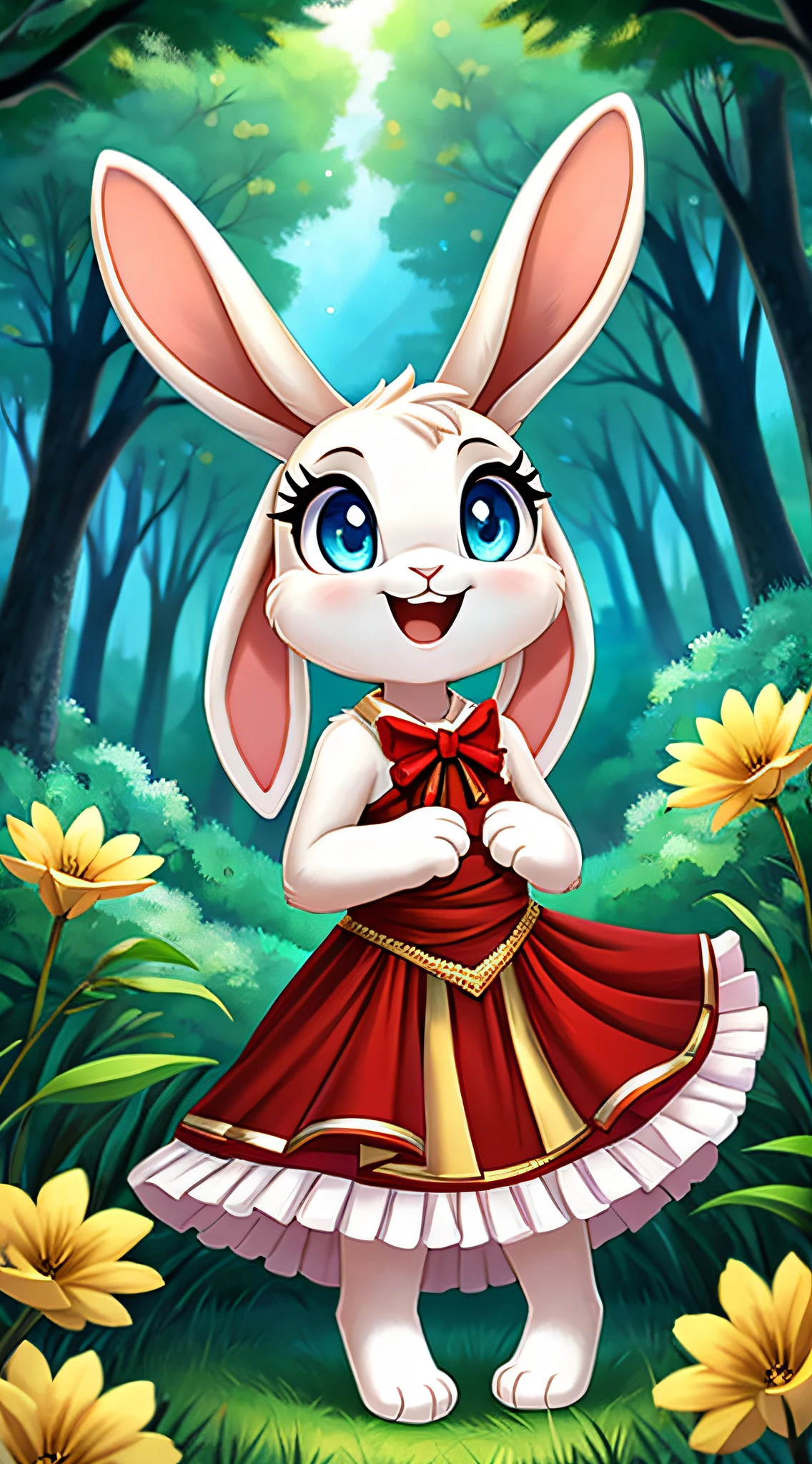 zoomed out image, fantasy style art, cute, adorable, short character, small, tiny little fluffy female white bunny with blue eyes, 4 ears, 2 extra ears, big floppy ears, long ears, ears perked up, raised ears, long eyelashes, poofy rabbit tail, wearing a red frilly ribbon dress, smiling, standing in a forest, big expressive smile, open mouth, wide eyes, excited eyes, excited face, stunning visuals, flowers scattered in the bushes, digital illustration