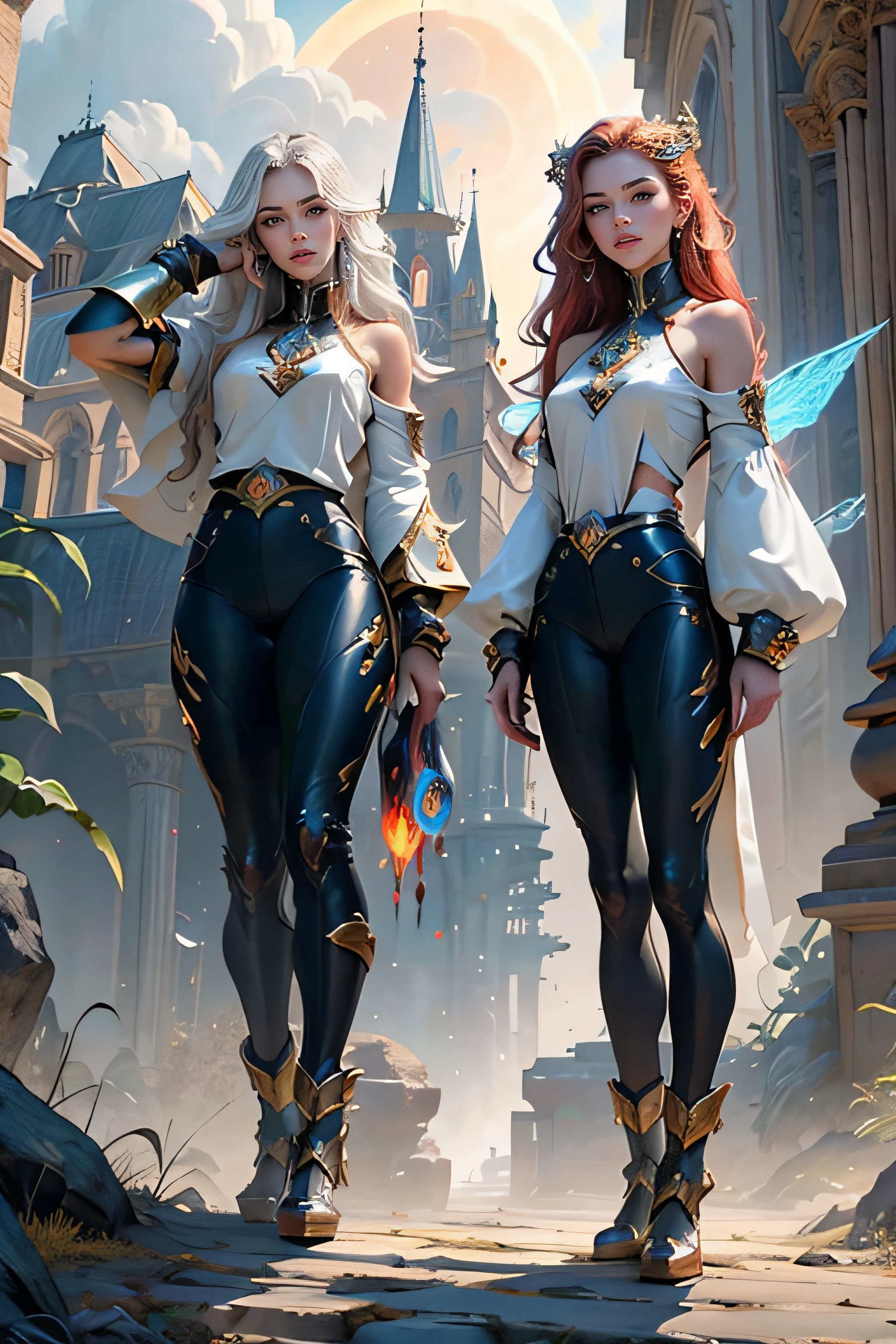 1girll, 8K quality，full bodyesbian, Mage style, Sexy goddess，The facial features are delicate and beautiful，Red long-haired，Fairy stick in hand，wands，Stand high，der riese，Architectural view of the ancient castle，blueglow，dark stormy clouds，Sky spaceship，Multiple planets，The setting sun burns the clouds，Jupiter，Mards，Tornado，Flaming，Goddess Mage，Large bearings，Stone dragon wall，Full of gold treasures，Gold and silver jewelry，Ultra-futuristic spaceship combat vehicle。