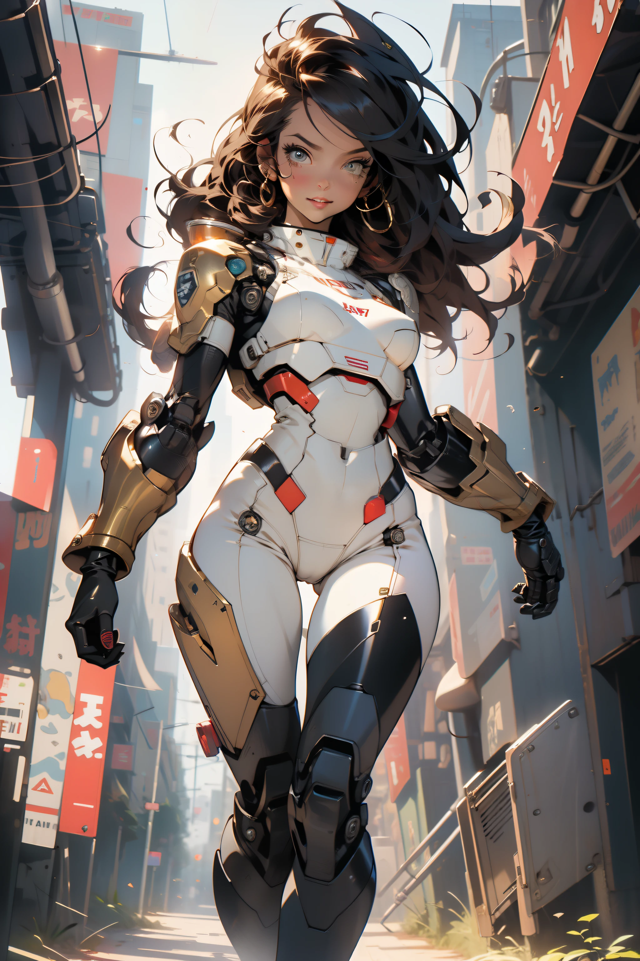 ((Best quality)), ((masterpiece)), (detailed: 1.4), (Absurd), (((full body)), (((woman))), 35-year-old woman, perfect eyes, well-defined eyes, Beautiful thin woman, giant robot pilot, wild with perfect body, wearing little clothing, tiny thong, clothing with Japanese graphic patterns, halftone pattern and vertical stripes, yellow gold, coming out of the body of a giant robot, thigh gap, dynamic pose,
