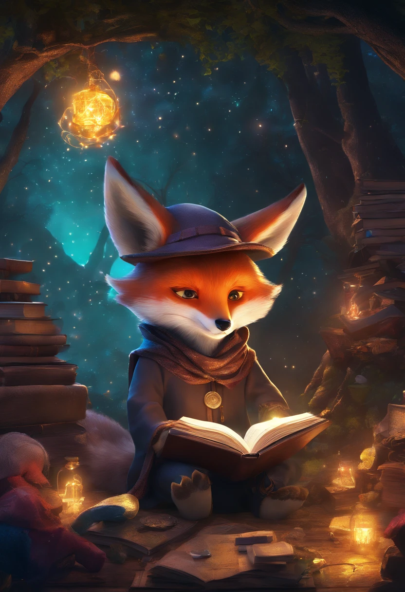 (best quality,4k,highres,masterpiece:1.2),ultra-detailed,realistic,wizard fox reading,wearing virtual reality glasses in a magical environment,illustration,magic-themed,anthropomorphic fox,wizard hat and robe,magical forest background,enchanted atmosphere,sparkling particles,floating books,shimmering VR headset,mystical glow,vibrant colors,wisdom and curiosity,immersive experience,mysterious book of spells and potions,spellbinding narrative,fairy lights,whimsical ambiance,forest creatures and mythical beings,fascinating story unfolding,spellbinding illustrations,imagination brought to life,QHD,studio lighting,sharp focus,professional,bokeh