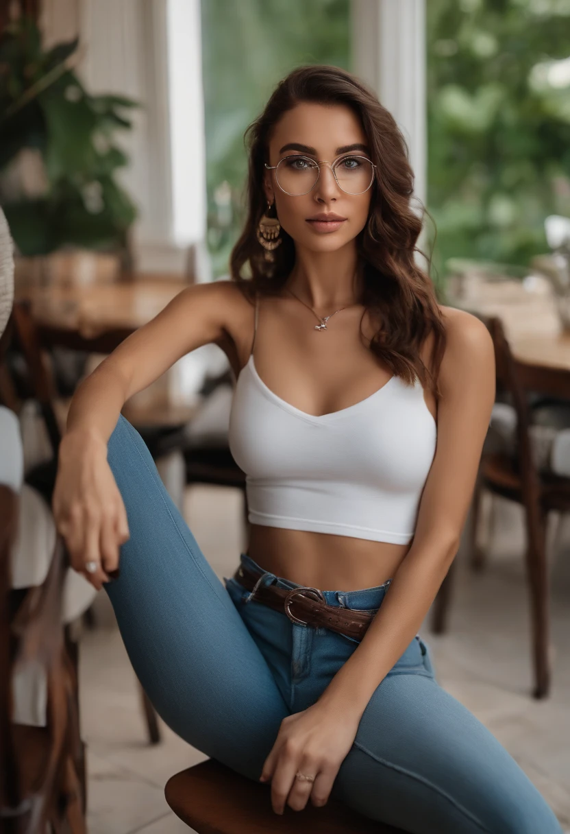 (Sonata Fletcher) woman with a white tank top and a necklace, dining at a restaurant, sexy girl with green eyes, portrait sophie mudd, brown hair and large eyes, selfie of a young woman, bedroom eyes, violet myers, without makeup, natural makeup, looking directly at the camera, face with artgram, subtle makeup, stunning full body shot, piercing green eyes, beautiful angle, attractive pose, cute girl, sexy pose, full body picture, full body, full body shoot, brunette goddess, high detail, satisfied pose, wearing satin black top and jeans, wearing silver square glasses