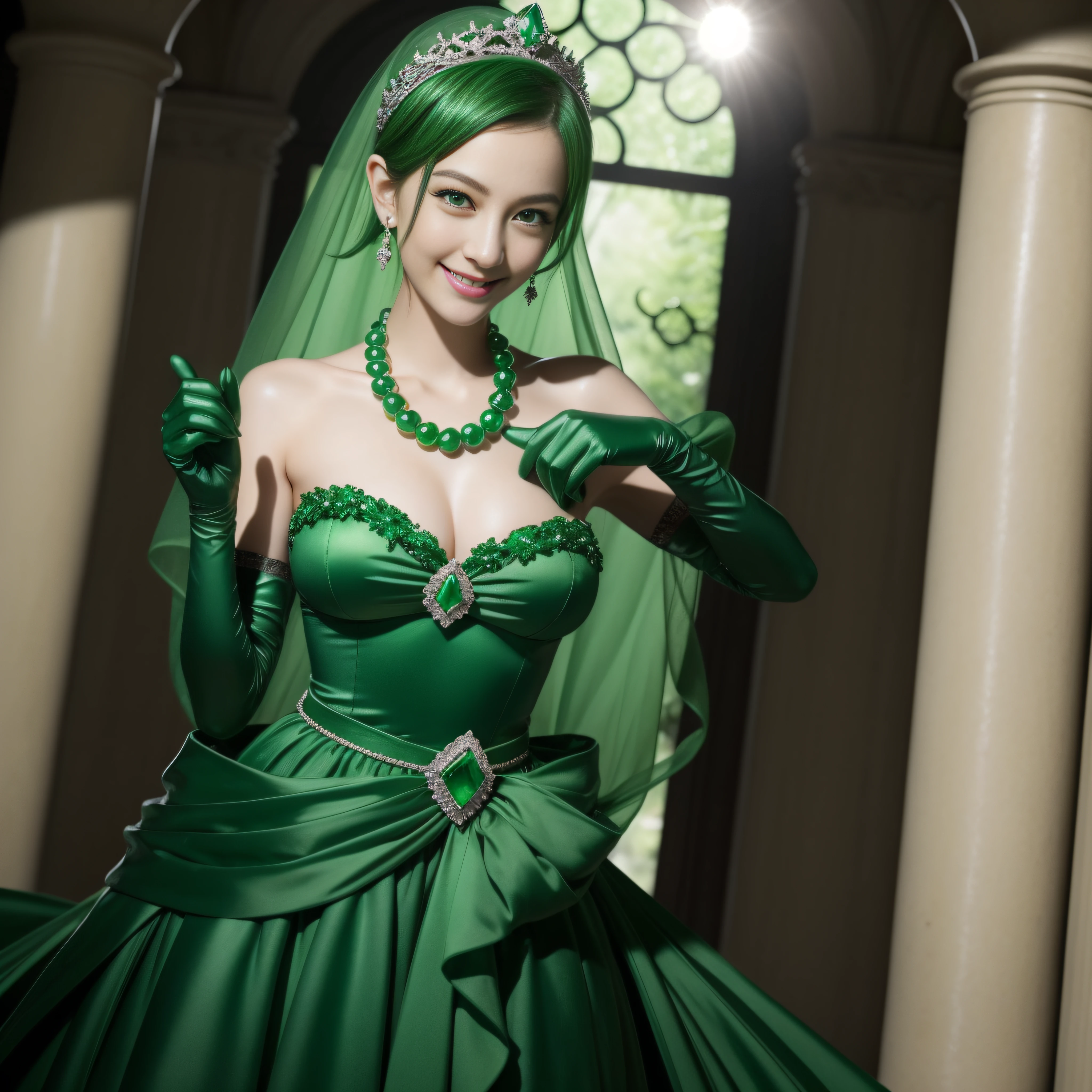 emerald tiara, Green Pearl Necklace, Boyish very short green hair, lipsticks, Japan woman smiling, very short short hair, big breasts beautiful, Green eyes, Long green gloves made of satin material, Green eyes