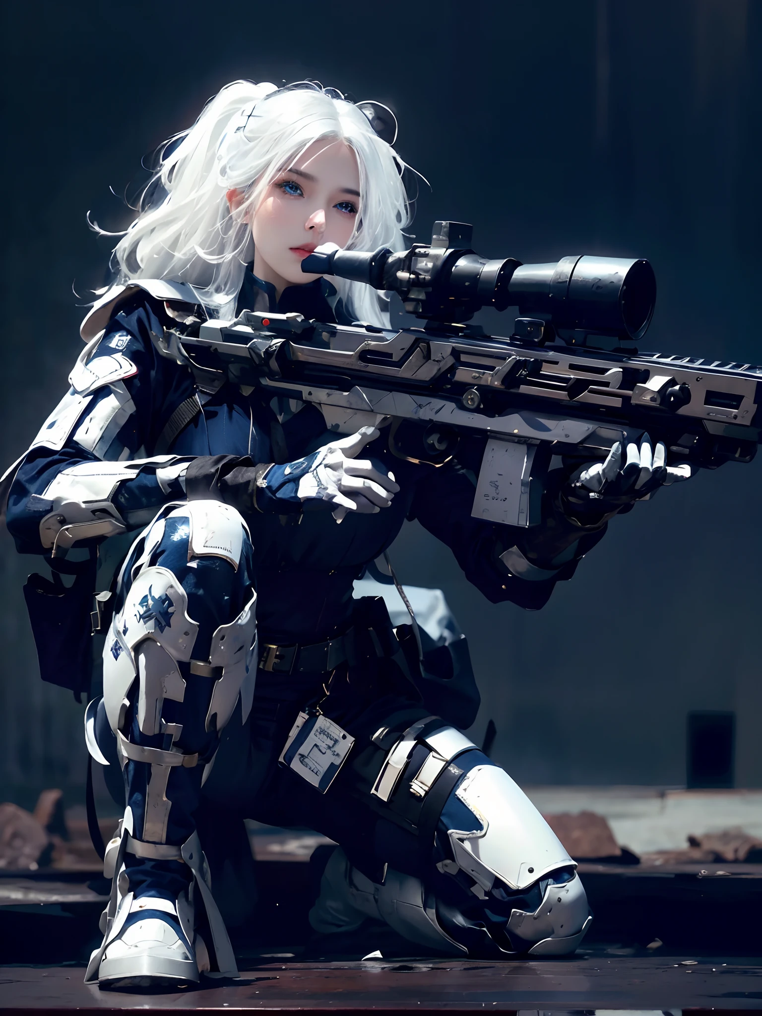 photorealistic, high resolution, 1 women, solo, hips up, look at viewer, (detailed face), white hair, long hair, innocent blue eyes, super detailed face, 8k ultra detailed, soldier girl, weapon, black custom ,detailed costum ,detailed weapon