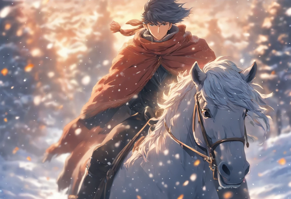young man riding a horse through the snow, hot, cute,