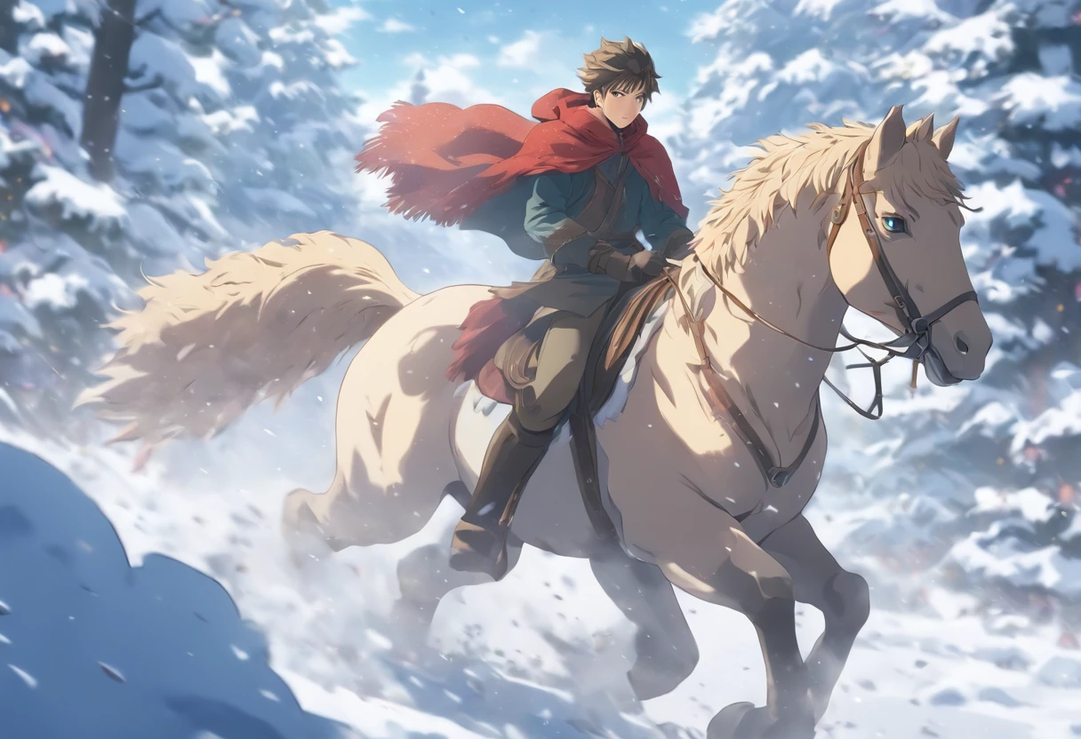 young man riding a horse through the snow, hot, cute,