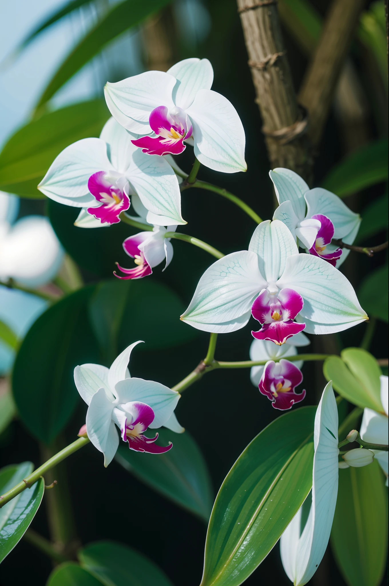Close-up of 3 turquoise flowers ,The back has many types of orchids of different colors, blur the background , Sharp foreground , 8k, Natural reality rendering, Rendering with Povray, green orchid, Highly detailed rendering, Surreal detail rendering, hoa lan, Orchids made from mother-of-pearl, hoa lan, hoa lan, hoa lan, Giant Orchid 3D, Soft, highly detailed, light, Butterfly Orchid, softly bent branches