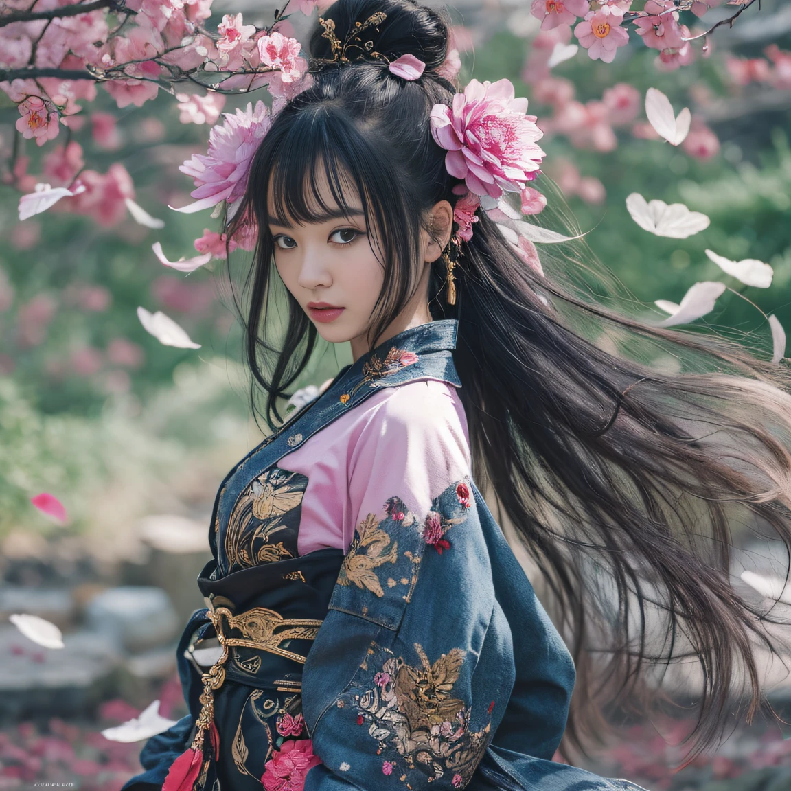 Gold backstop 32K(tmasterpiece,k hd,hyper HD,32K)Long flowing black hair,ponds,zydink, a color, Aozhou people (Concubine girl), (Purple silk scarf), Combat posture, looking at the ground, long whitr hair, Floating hair, Carp pattern headdress, Chinese long-sleeved clothing, (Abstract gouache splash:1.2), Pink petal background,Pink and white lotus flowers fly(realisticlying:1.4),Black color hair,Fallen leaves flutter,The background is pure, A high resolution, the detail, RAW photogr, Sharp Re, Nikon D850 Film Stock Photo by Jefferies Lee 4 Kodak Portra 400 Camera F1.6 shots, Rich colors, ultra-realistic vivid textures, Dramatic lighting, Unreal Engine Art Station Trend, cinestir 800,Long flowing black hair,Denim skirt