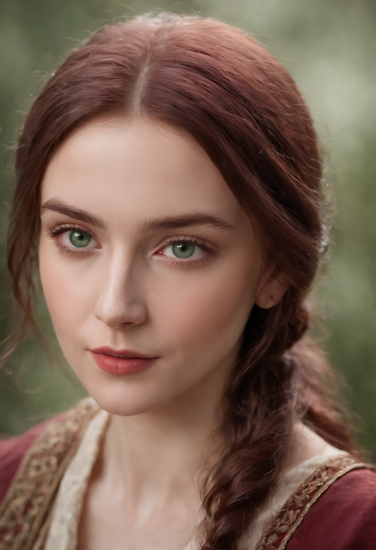 (((A deep reddish scar runs across her left cheek))) light skinned, Women around 19 years old, Natural gray hair, Distinctive green eyes, Wearing Cole, slender and graceful,, Beautiful, Candlelight in medieval atmosphere, Ultra Sharp Focus, realistic shot, Women's clothing in the Middle Ages, Tetradic color (Scar:1.4)