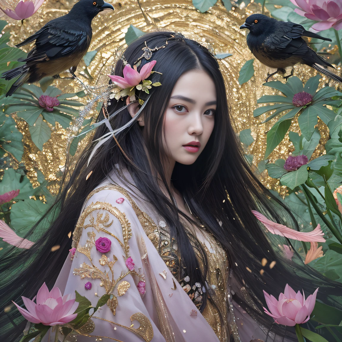 Gold backstop 32K（tmasterpiece，k hd，hyper HD，32K）Long flowing black hair，ponds，zydink， a color， Aozhou people （Concubine girl）， （Purple silk scarf）， Combat posture， looking at the ground， long whitr hair， Floating hair， Carp pattern headdress， Chinese long-sleeved clothing， （Abstract gouache splash：1.2）， Pink petal background，Pink and white lotus flowers fly（realisticlying：1.4），Black color hair，Fallen leaves flutter，The background is pure， A high resolution， the detail， RAW photogr， Sharp Re， Nikon D850 Film Stock Photo by Jefferies Lee 4 Kodak Portra 400 Camera F1.6 shots, Rich colors, ultra-realistic vivid textures, Dramatic lighting, Unreal Engine Art Station Trend, cinestir 800，Long flowing black hair，Denim skirt