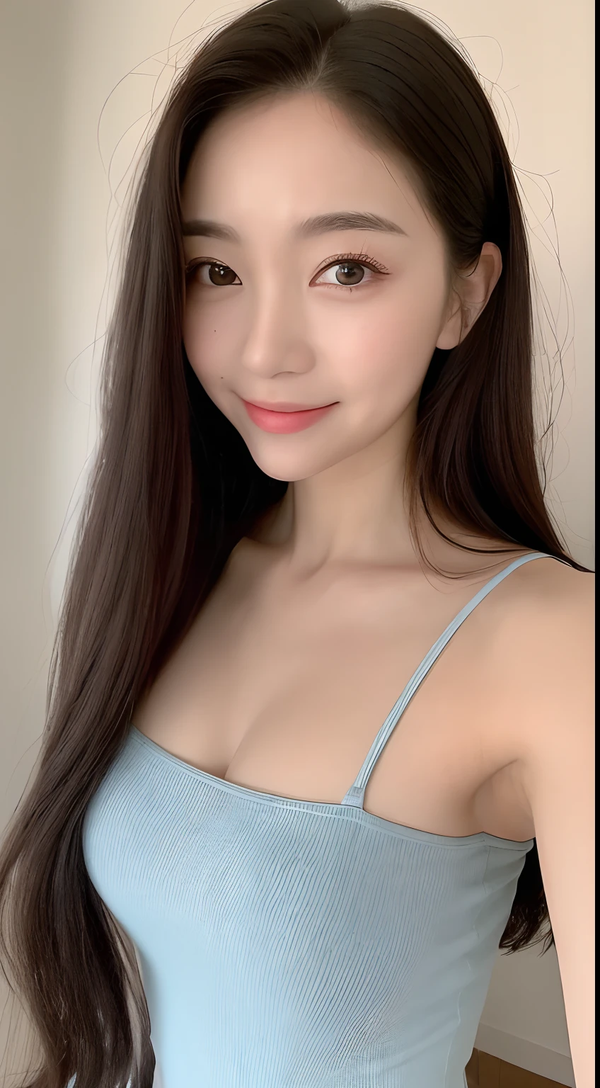 ((Best picture quality, 8K, tmasterpiece:1.3)), 1girll, Beautiful woman with slender abs:1.3, (Long hair casual, No leakage of big breasts:1.2), shift dresses:1.1, Ultra-fine face, A detailed eye, 二重まぶた,ssmile,Home