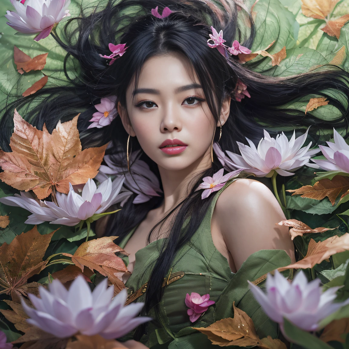 Gold backstop 32K（tmasterpiece，k hd，hyper HD，32K）Long flowing black hair，ponds，zydink， a color， Aozhou people （Concubine girl）， （Purple silk scarf）， Combat posture， looking at the ground， long whitr hair， Floating hair， Carp pattern headdress， Chinese long-sleeved clothing， （Abstract gouache splash：1.2）， Pink petal background，Pink and white lotus flowers fly（realisticlying：1.4），Black color hair，Fallen leaves flutter，The background is pure， A high resolution， the detail， RAW photogr， Sharp Re， Nikon D850 Film Stock Photo by Jefferies Lee 4 Kodak Portra 400 Camera F1.6 shots, Rich colors, ultra-realistic vivid textures, Dramatic lighting, Unreal Engine Art Station Trend, cinestir 800，Long flowing black hair，Denim skirt