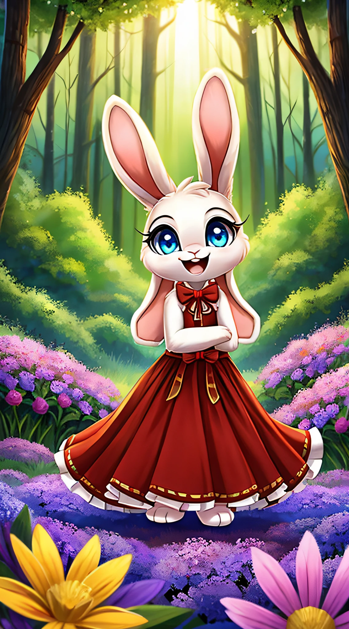 zoomed out image, fantasy style art, cute, adorable, short character, small, tiny little fluffy female white bunny with blue eyes, 4 ears, 2 extra ears, big floppy ears, long ears, ears perked up, raised ears, long eyelashes, poofy rabbit tail, wearing a red frilly ribbon dress, smiling, standing in a forest, big expressive smile, open mouth, wide eyes, excited eyes, excited face, stunning visuals, flowers scattered in the bushes, digital illustration