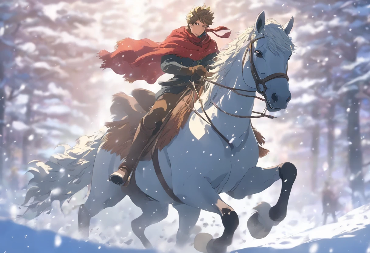 young man riding a horse through the snow, hot, cute,