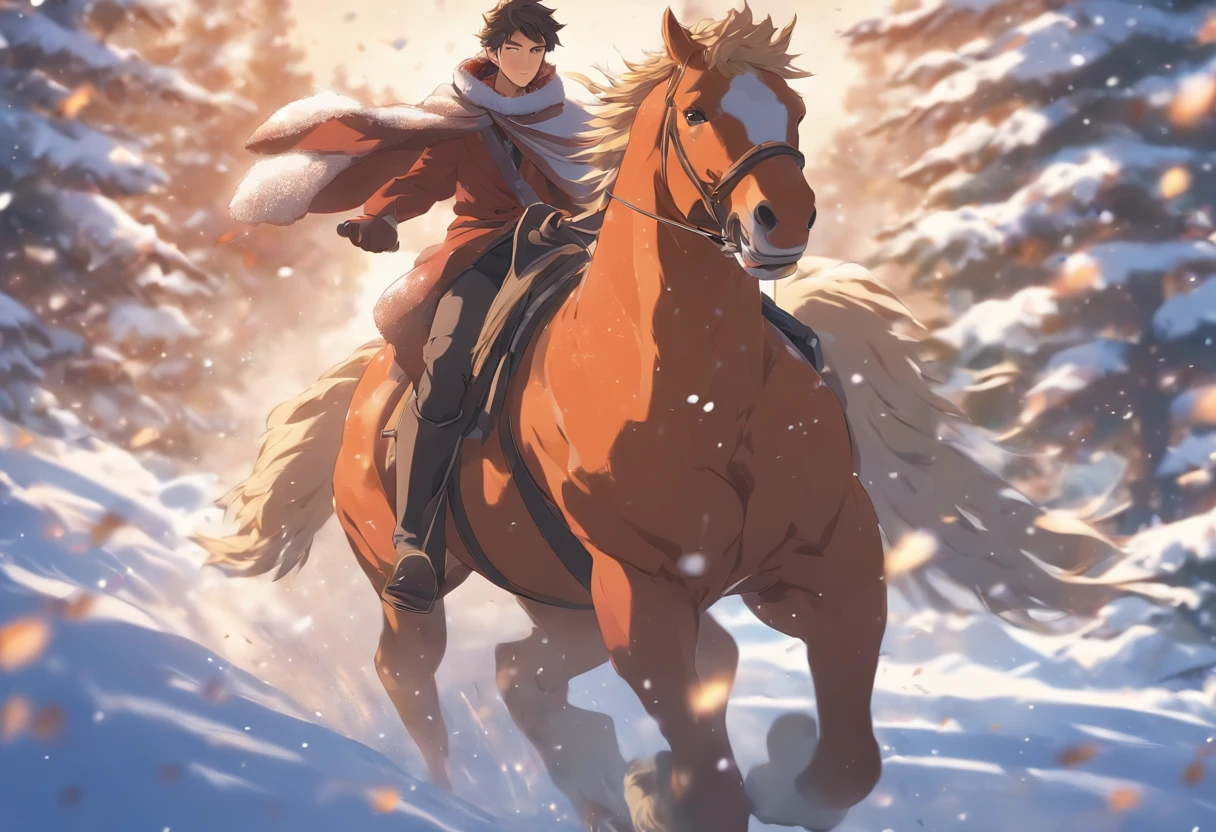 young man riding a horse through the snow, hot, cute,