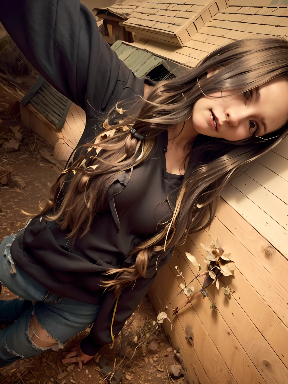 arafed woman with long hair and ripped jeans standing in front of a house, with long hair, long brunette hair, brunette with dyed blonde hair, long brown hair, long dark hair, with long dark hair, long flowing brown hair, dark long hair, long flowy hair, wearing jeans and a black hoodie, long hair , full color, dark brown long hair