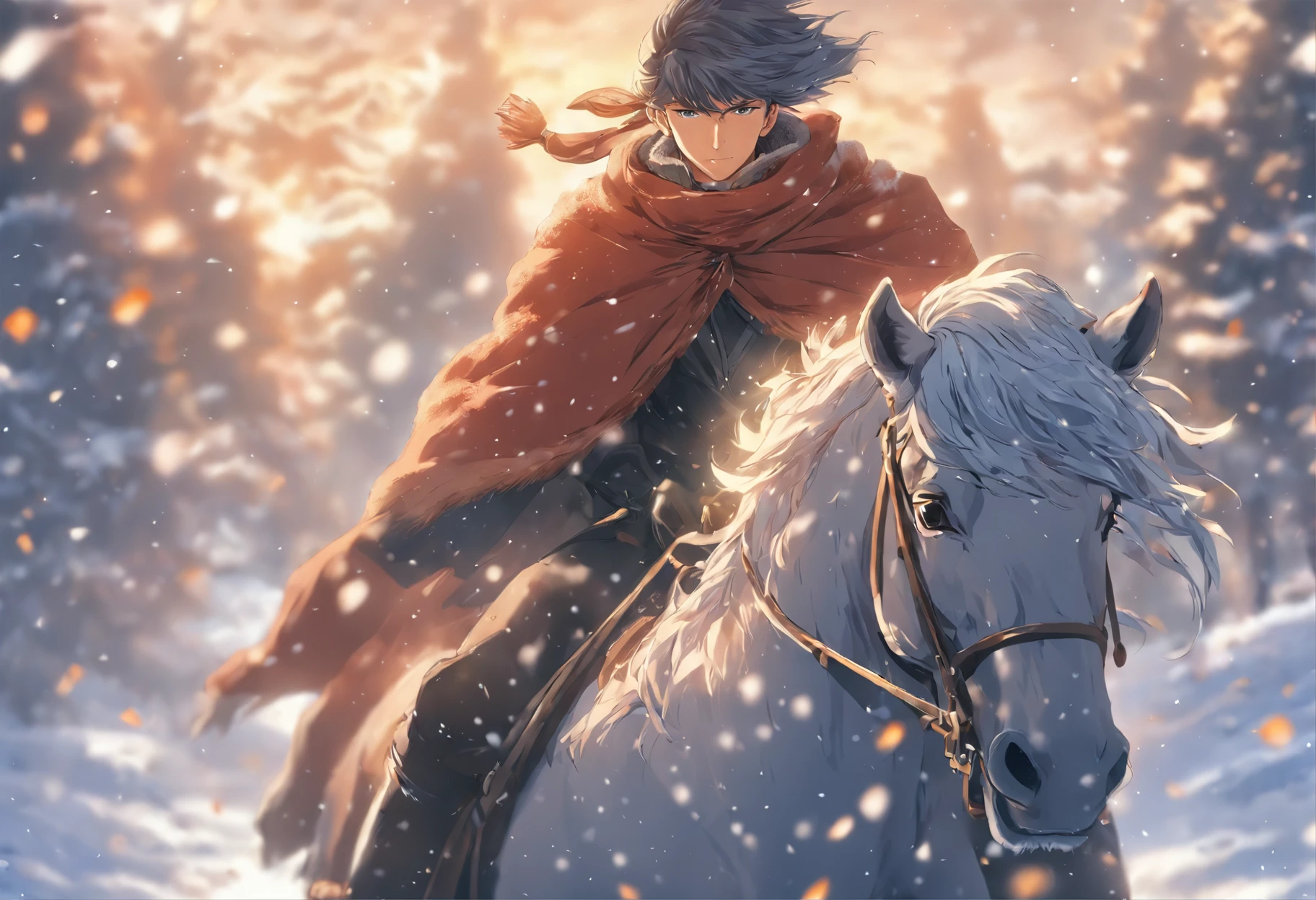young man riding a horse through the snow, hot, cute,