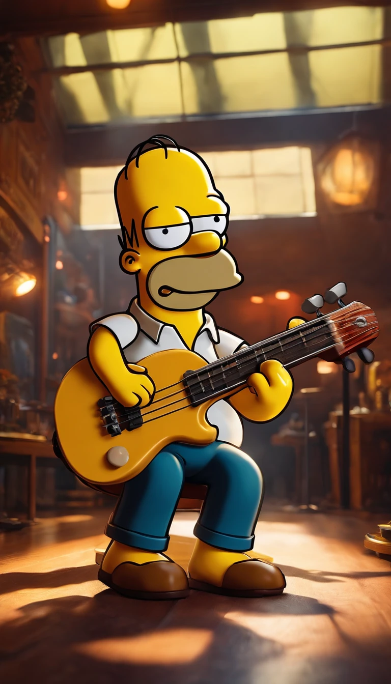 cafe shop,The Simpsons,Homer Simpson plays bass,homer simpson,dramatic lights,Dramatic colors,On stage,One guy,Play bass,The whole body of the character