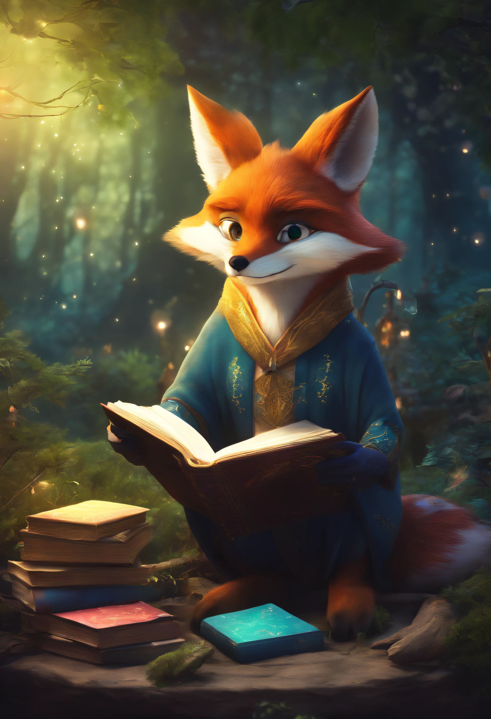 (best quality,4k,highres,masterpiece:1.2),ultra-detailed,realistic,wizard fox reading,wearing virtual reality glasses in a magical environment,illustration,magic-themed,anthropomorphic fox,wizard hat and robe,magical forest background,enchanted atmosphere,sparkling particles,floating books,shimmering VR headset,mystical glow,vibrant colors,wisdom and curiosity,immersive experience,mysterious book of spells and potions,spellbinding narrative,fairy lights,whimsical ambiance,forest creatures and mythical beings,fascinating story unfolding,spellbinding illustrations,imagination brought to life,QHD,studio lighting,sharp focus,professional,bokeh