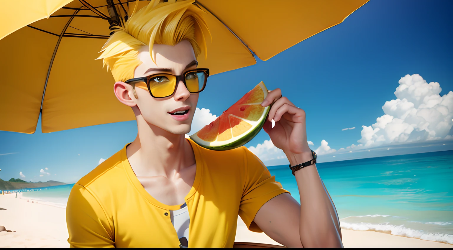young man with yellow hair with quiff, wearing yellow glasses and yellow clothes, eating a watermelon on a beach on a very hot day, happy expression, pixar disney cartoon style