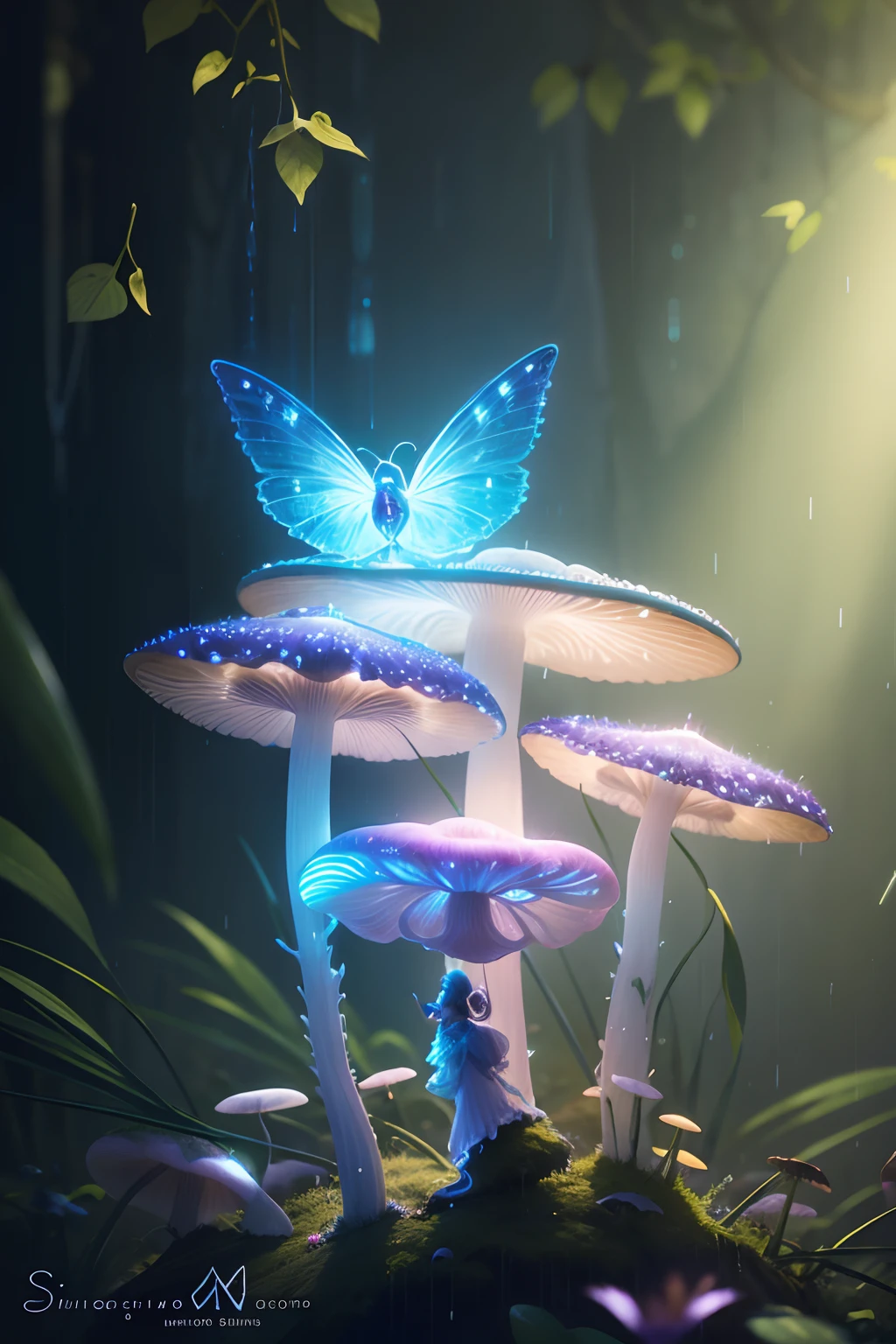 A tiny fairy princess stands on the tallest mushroom, gossamer silken dress, silvery starlight sparkles emanate from her beautiful silken gown, bioluminescence, mushrooms, rain, 8k photorealistic, hyperdetailed