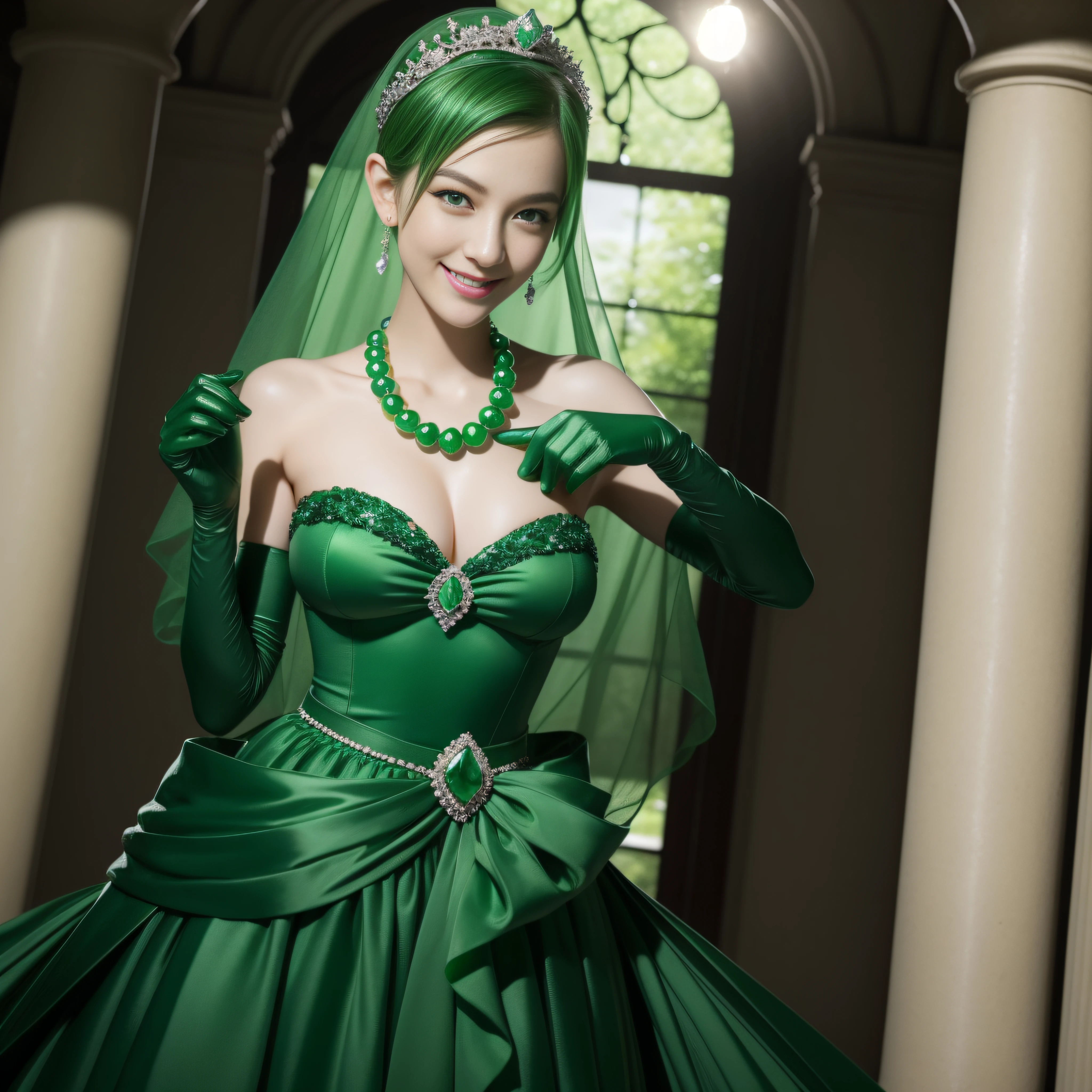 emerald tiara, Green Pearl Necklace, Boyish very short green hair, lipsticks, Japan woman smiling, very short short hair, big breasts beautiful, Green eyes, Long green gloves made of satin material, Green eyes