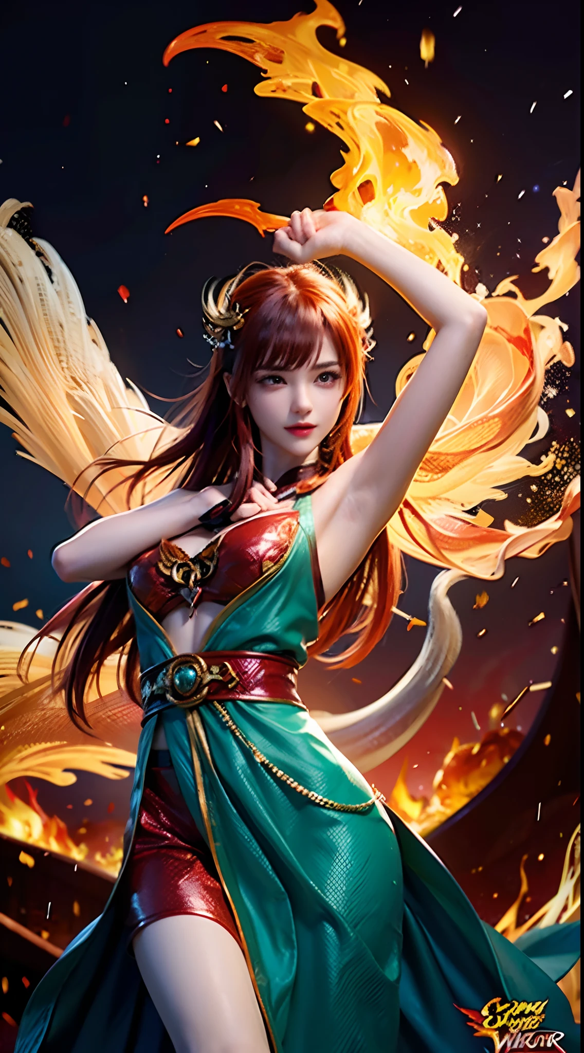 Girl playing with fire, ablaze with intensity, Glowing embers, Swirling smoke, Mesmerizing action, Flowing red hair, sparks flying, Fearless expression, Dark background, Intense lighting, Fiery atmosphere, dynamicposes, Dangerous beauty, Fascinating energy, Burning passion, Thrilling suspense, intense heat, Scorching flame, dramatic contrast, Smoky veil, fiery glow, Enchanting dance, Strong presence, Flashing shadows, Fiery artwork, Vibrant colors, blazing infero, Hypnotic flame, daring adventure, Her eyes shone with a fiery light, Heat waves, Glowing embers fall, Exhilarating performance, Blazing sparks in the night, adrenaline rush, Radiant warmth, Breathtaking spectacle, Raw intensity, A fiery passion is released.