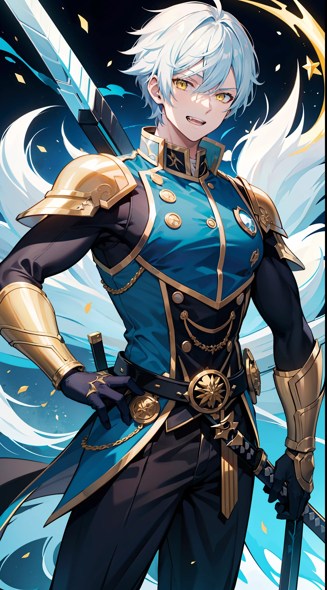 Grown-up guy, Long blue and white hair, Yellow eyes, musculature, smirk, open mouth, Black Mercenary Uniform, sword, Sleeveless, Gold Elements, Masterpiece, hiquality, higly detailed, HD, 4k