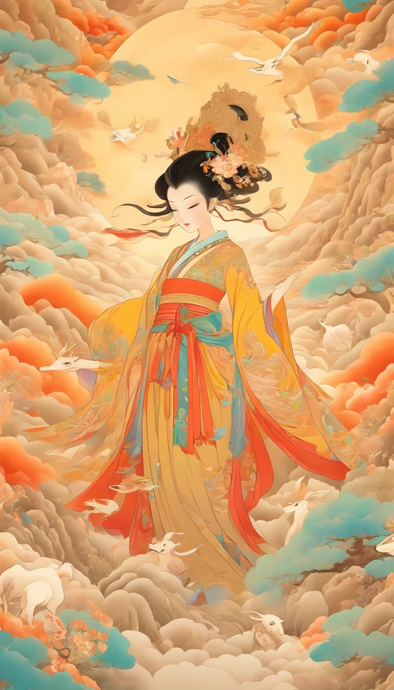 Wall paintings，Ultra-high sharpness，themoon，Grandiose scenes，Colorful colorful，Bright colors，A beautiful woman wearing a yellow silk hanfu and a gold round headdress，The facial features are delicate and beautiful，Riding on the white deer，White deer feet step on colorful clouds，Dunhuang murals，