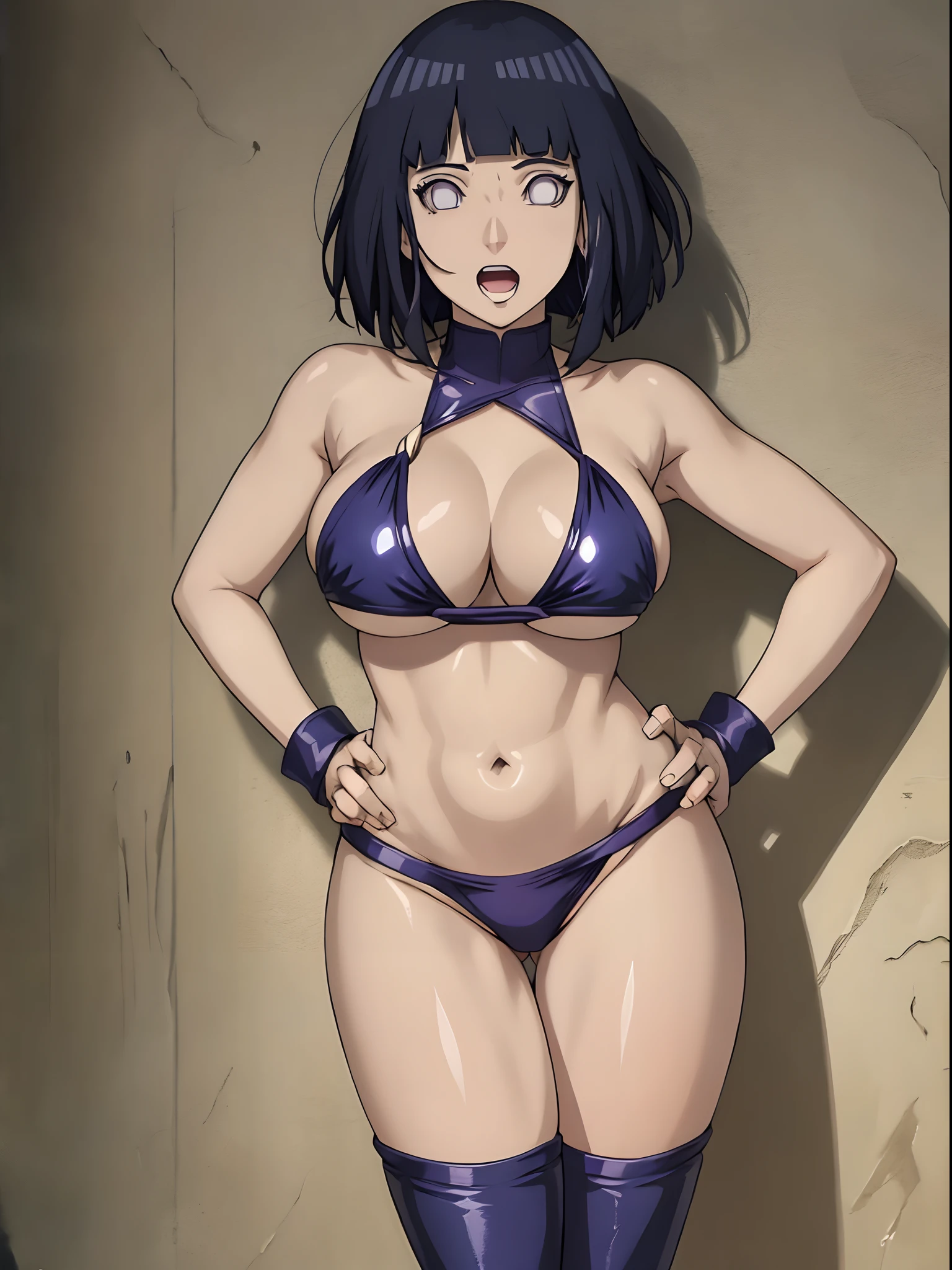 (full body view), (armpit), (ultra detailed body, ultra detailed face), ((solo)), anime style, hires, ((yellow ground)), (hinata\(boruto\), (female wrestler), (slender body, broad shoulders), mature woman, milf, (black bikini, ultra detailed pro wrestling gear), victorious, gorgeous, winner, (moaning , open mouth), (pale skin, shiny skin, lighting and shadow), (dark blue hair color:1.1), wavy hair, ((short hair, hime cut, floating hair), big breasts, ((hands on hips)), (long belly), (head tilt), seductive