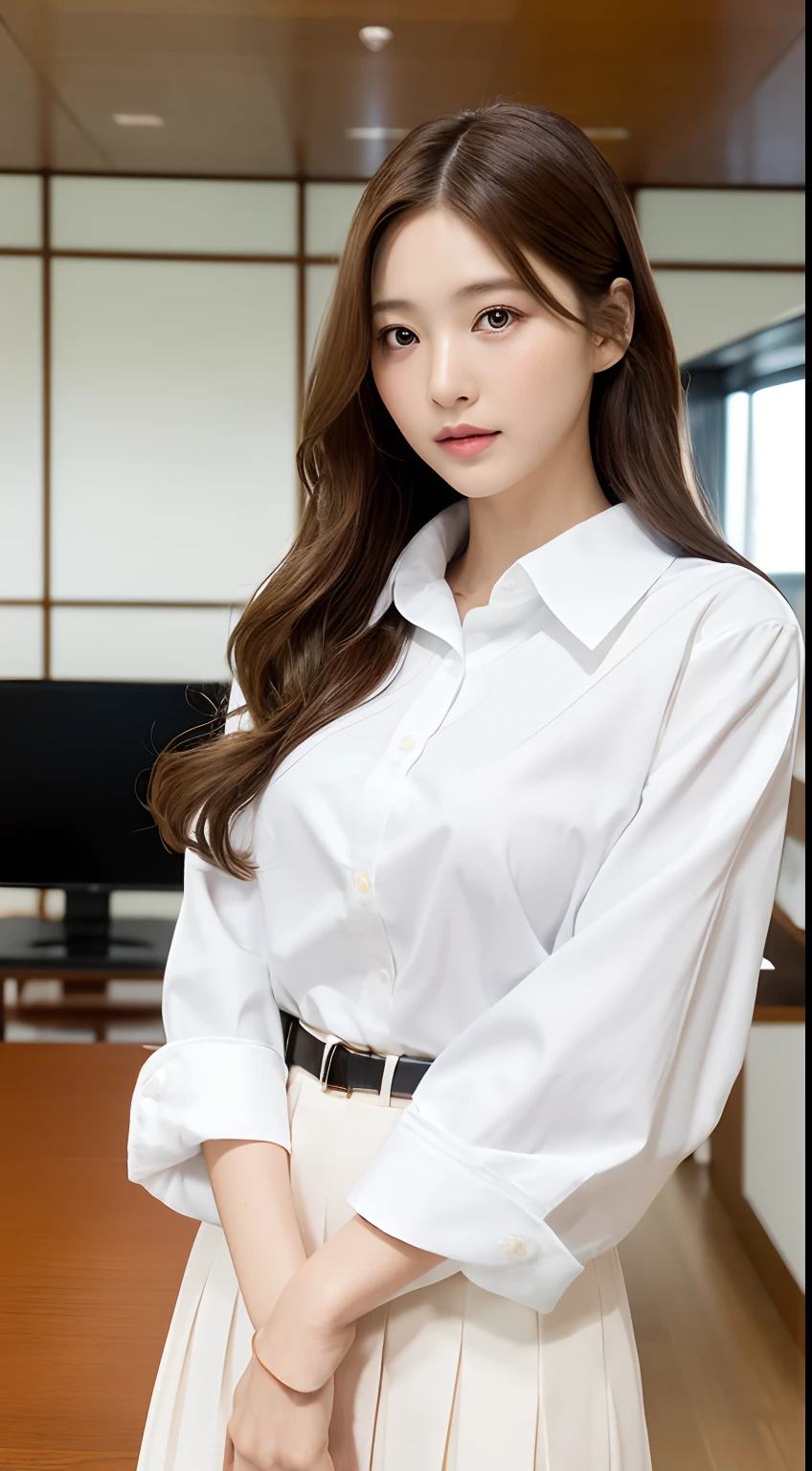 ((FULL BODYSHOT))、((Head-to-toe display))、 ((Japan girl))、((Walking down the school hallway))、((Super beautiful girl))、eyes large、eyebrows are thin、The chest isDcups、Open the buttons on your shirt、Mouth half open、((Super long hair)), Hair is loosely curled、((Please wear a long-sleeved white shirt and blue mini pleated skirt)), A Japanese Lady、long sleeved shirt、The material of the blouse is cotton、Hair is brown hair、Wear high-end pumps、Girl in Uniform, Wear shirts and skirts, winter uniform, raw,(8K、top-quality、masterpiece:1.2)、(intricate detailes:1.4)、(Photorealsitic:1.4)、octane renderings、Complex 3D rendering ultra detail, Studio Soft Light, Rim Lights, vibrant detail, super detailing, realistic skin textures, Detail Face, Beautiful detail eyes, Very detailed CG Unity 16k wallpaper, make - up, (detailedbackground:1.2),