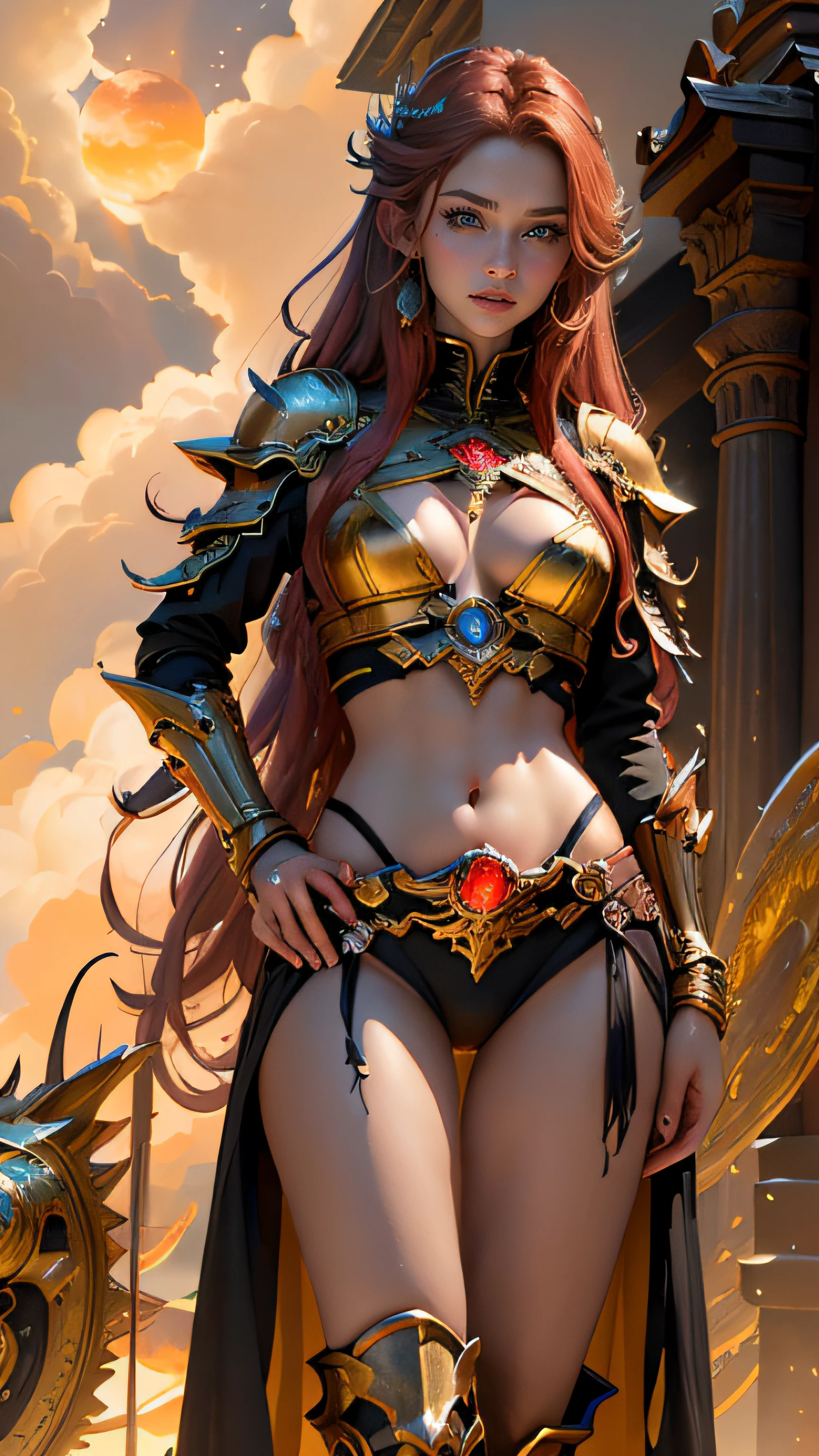 1girll, 8K quality,full bodyesbian, Mage style, Sexy goddess,The facial features are delicate and beautiful,Red long-haired,Fairy stick in hand,wands,Stand high,der riese,Architectural view of the ancient castle,blueglow,dark stormy clouds,Sky spaceship,Multiple planets,The setting sun burns the clouds,Jupiter,Mards,Tornado,Flaming,Goddess Mage,Large bearings,Stone dragon wall,Full of gold treasures,Gold and silver jewelry,Ultra-futuristic spaceship combat vehicle。