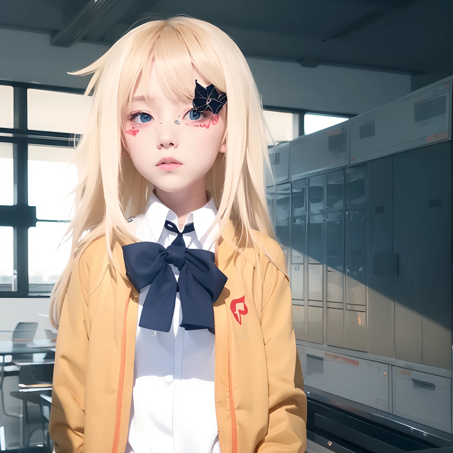 1girl, solo, blonde hair, red eyes, yellow jacket, white uniform,