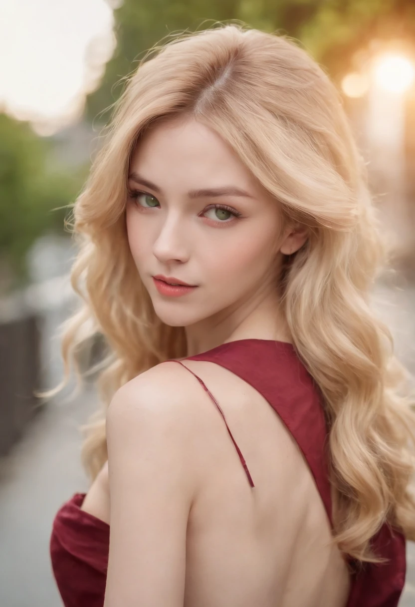 (((A deep reddish scar runs across her left cheek))) light skinned, Women around 19 years old, Natural blonde hair, Distinctive green eyes, Clothes in the world of anime, slender and graceful,, Beautiful, Streets of Tokyo, Ultra Sharp Focus, realistic shot, Tetradic color (Scar:1.4)、Hairstyles that look like they'd look like they'd look like in Dragon Ball
