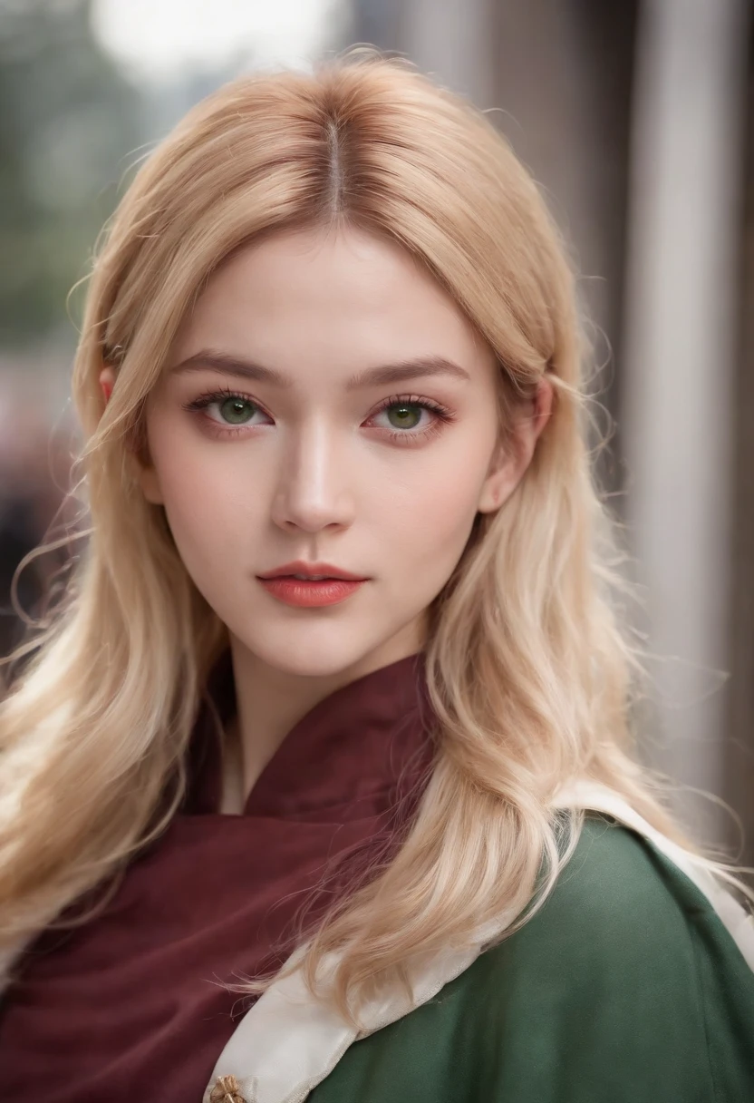 (((A deep reddish scar runs across her left cheek))) light skinned, Women around 19 years old, Natural blonde hair, Distinctive green eyes, Clothes in the world of anime, slender and graceful,, Beautiful, Streets of Tokyo, Ultra Sharp Focus, realistic shot, Tetradic color (Scar:1.4)、Hairstyles that look like they'd look like they'd look like in Dragon Ball