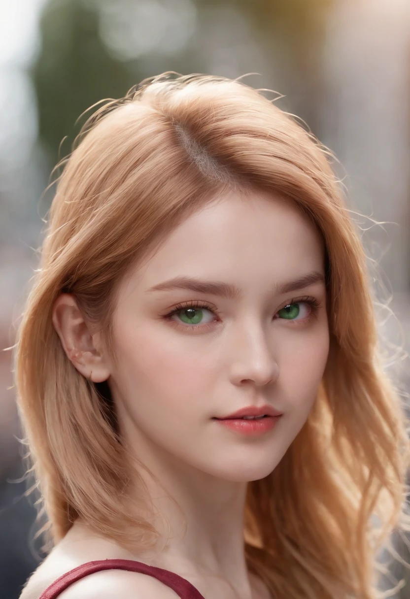 (((A deep reddish scar runs across her left cheek))) light skinned, Women around 19 years old, Natural blonde hair, Distinctive green eyes, Clothes in the world of anime, slender and graceful,, Beautiful, Streets of Tokyo, Ultra Sharp Focus, realistic shot, Tetradic color (Scar:1.4)、Hairstyles that look like they'd look like they'd look like in Dragon Ball