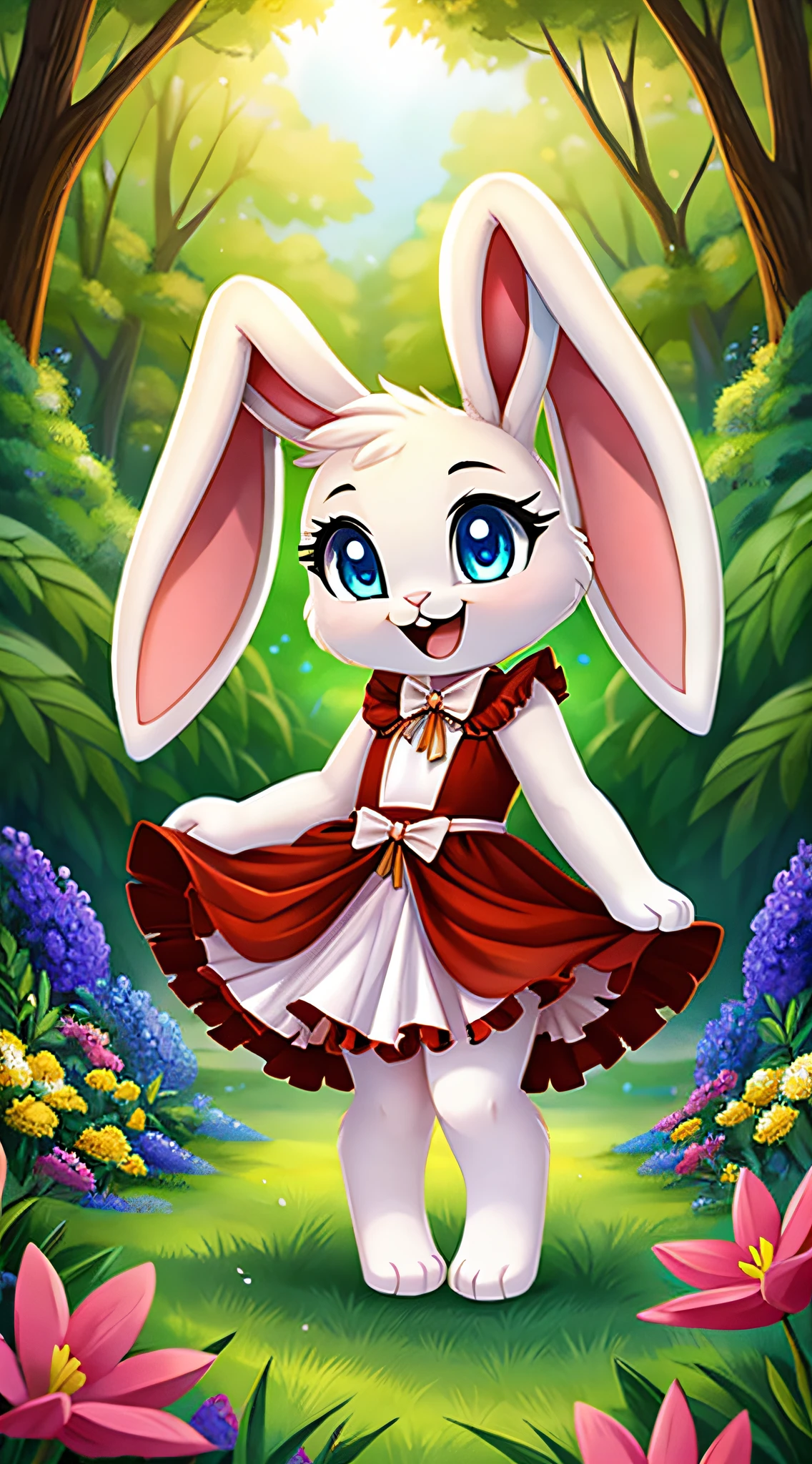 zoomed out image, fantasy style art, cute, adorable, short character, small, tiny little fluffy female white bunny with blue eyes, 4 ears, 2 extra ears, big floppy ears, long ears, ears perked up, raised ears, long eyelashes, poofy rabbit tail, wearing a red frilly ribbon dress, smiling, standing in a forest, big expressive smile, open mouth, wide eyes, excited eyes, excited face, stunning visuals, flowers scattered in the bushes, digital illustration